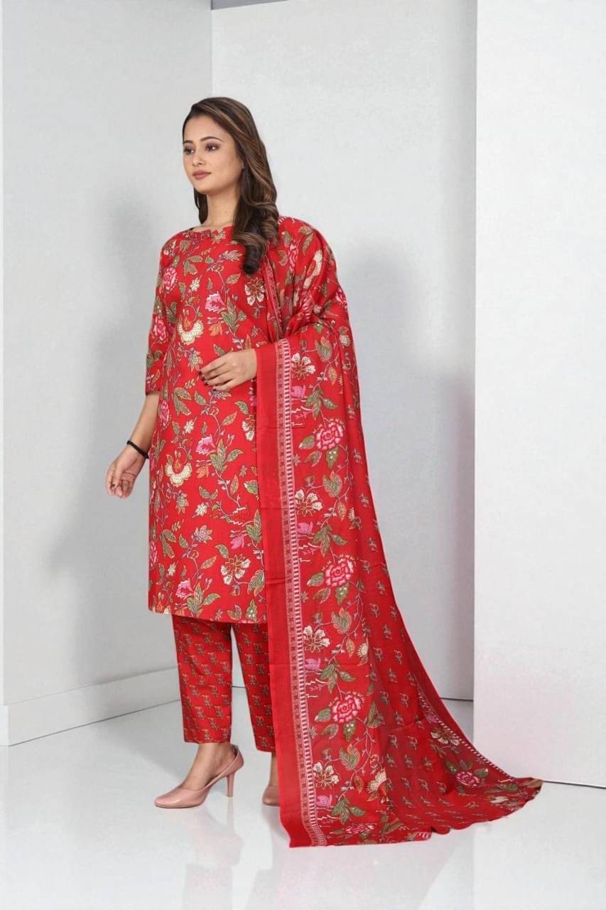     			TRIONZA Women Cotton Printed A-line Kurti With Pants ( Red )