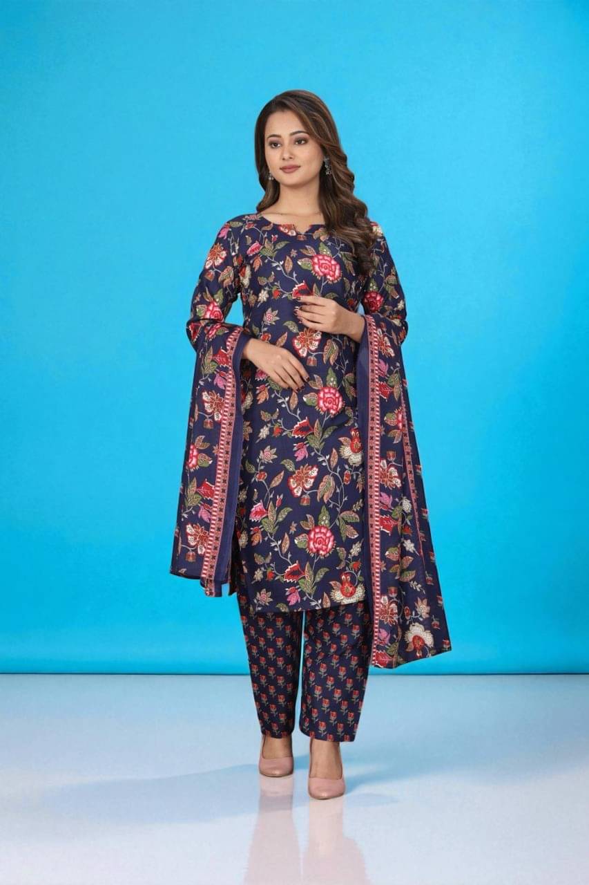     			TRIONZA Women Cotton Printed A-line Kurti With Pants ( Navy Blue )