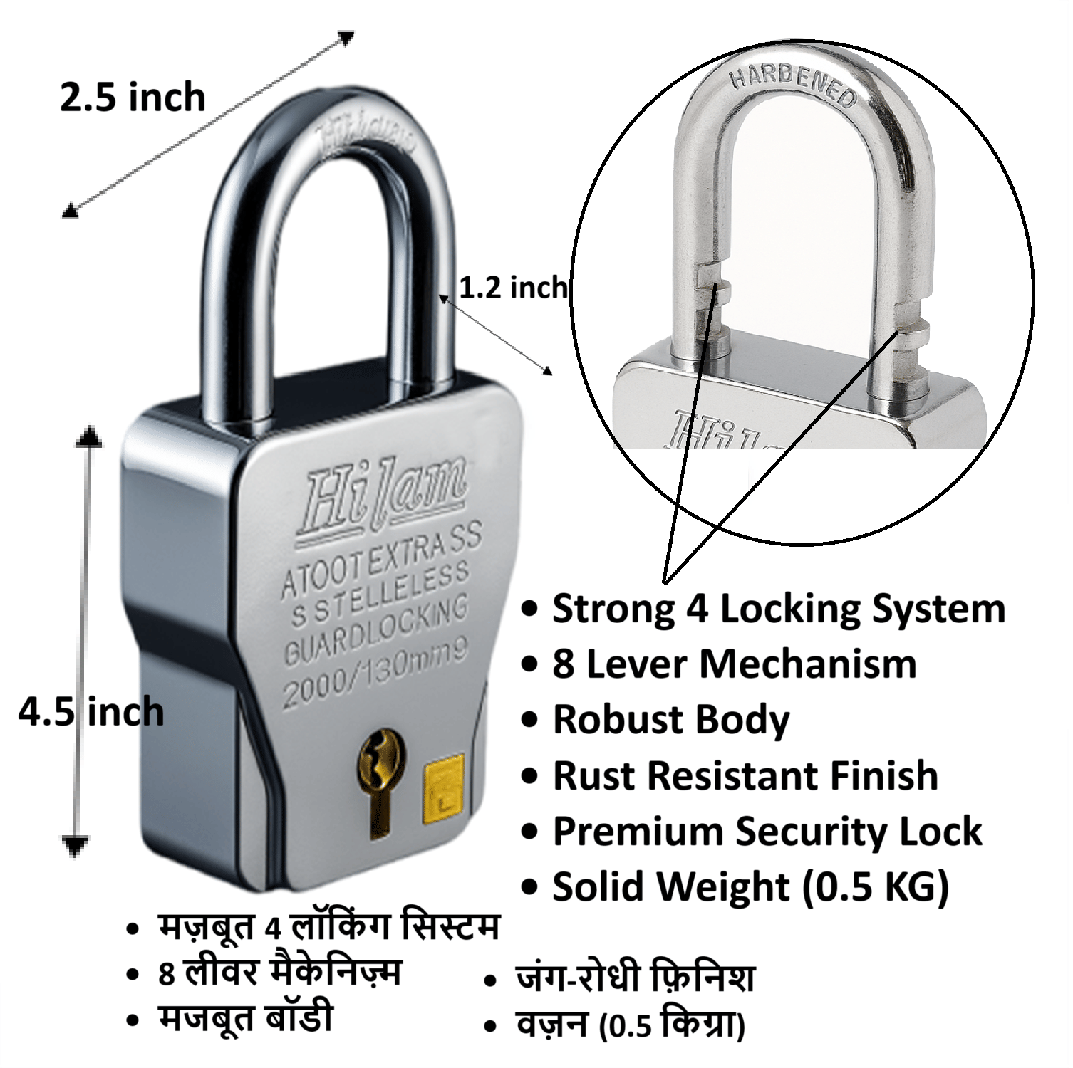 Unikkus Heavy Duty Hilam Padlock 62mm – 4 Locking System, 8 Lever Mechanism, Robust Body, Rust Resistant Premium Security Lock