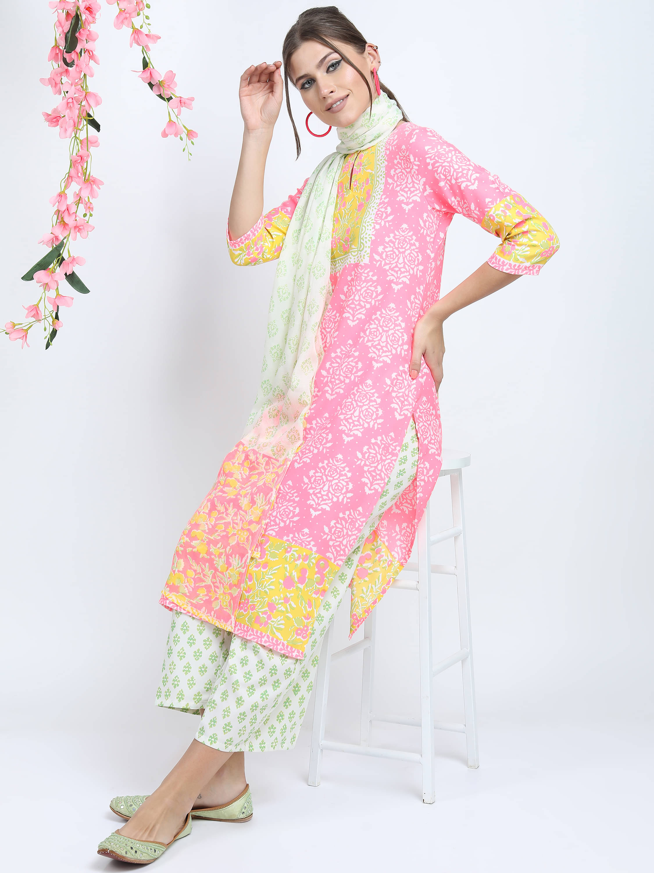     			Vishudh Women Cotton Blend Embroidered Straight Kurti With Palazzo ( Multicolor )