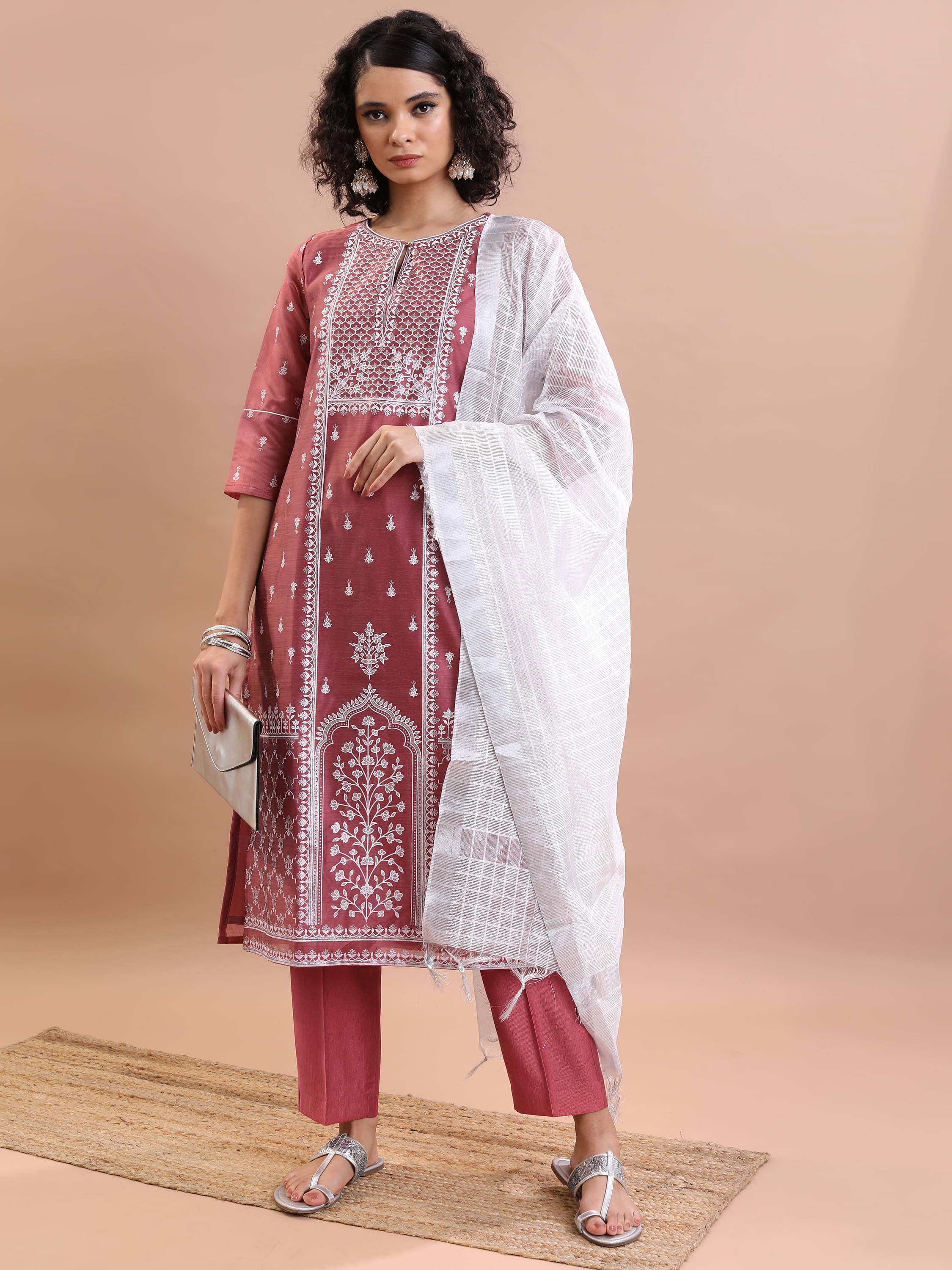     			Vishudh Women Cotton Blend Self Design Straight Kurti With Pants ( Pink )