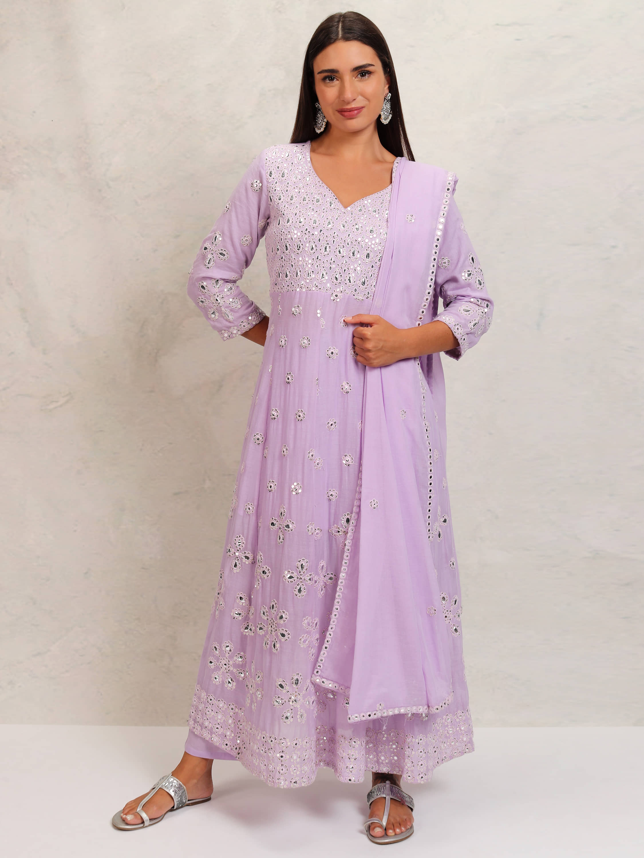 Vishudh Women Cotton Embroidered Anarkali Kurti With Pants ( Lavender )
