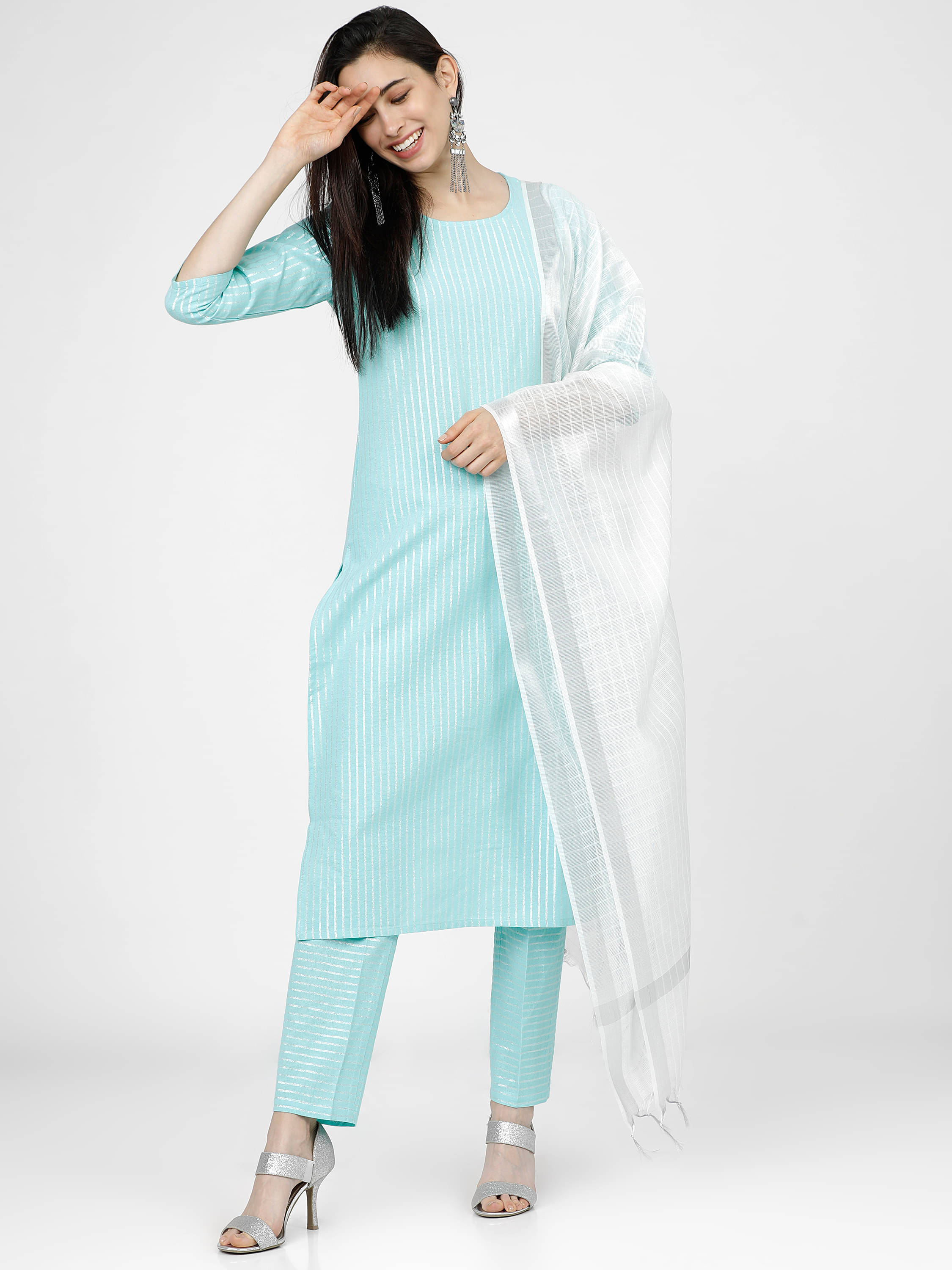 Vishudh Women Cotton Striped Straight Kurti With Pants ( Blue ) Vishudh Women Cotton Striped Straight Kurti With Pants ( Blue )