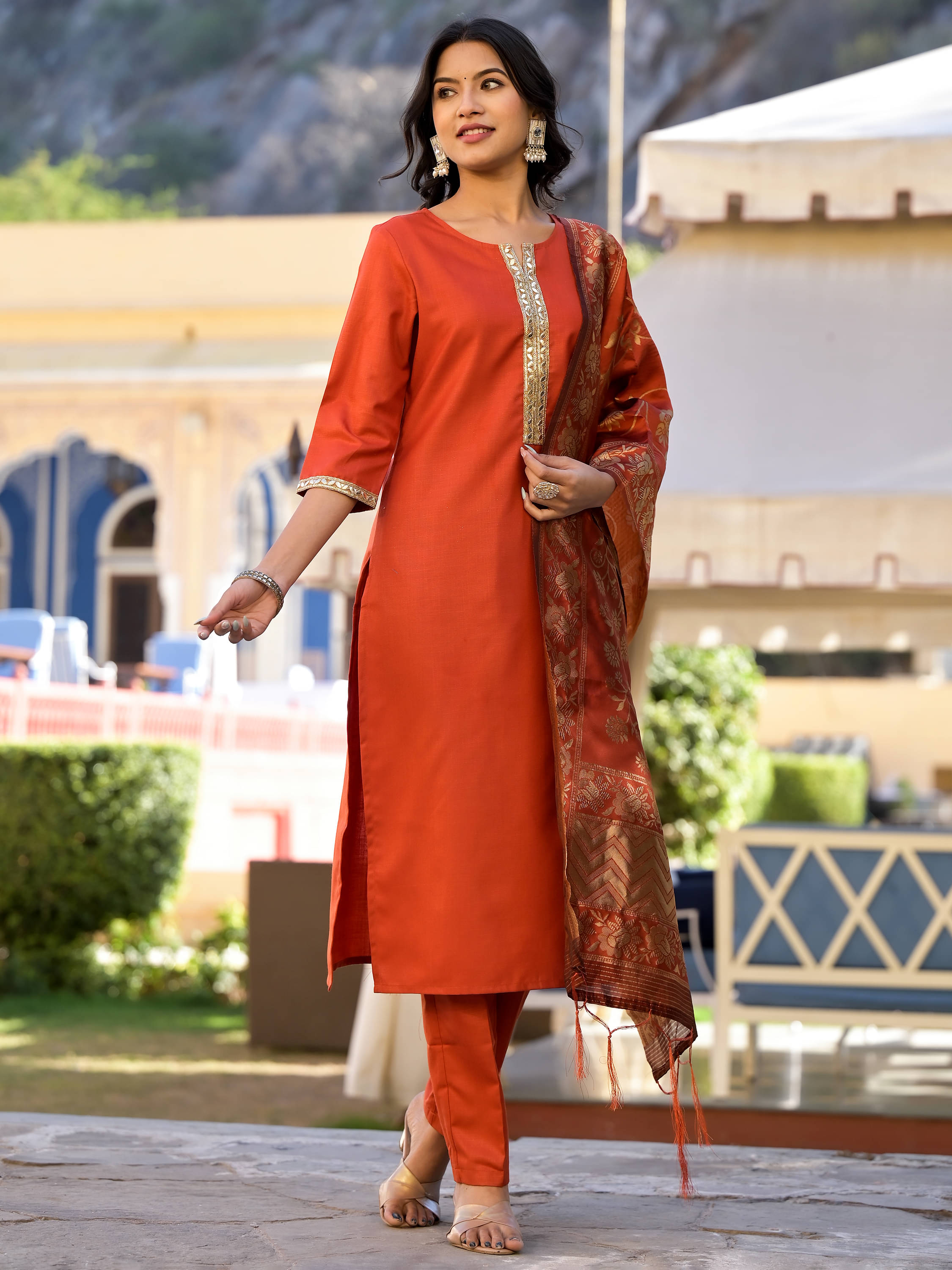     			Vishudh Women Polyester Embroidered Straight Kurti With Pants ( Rust )