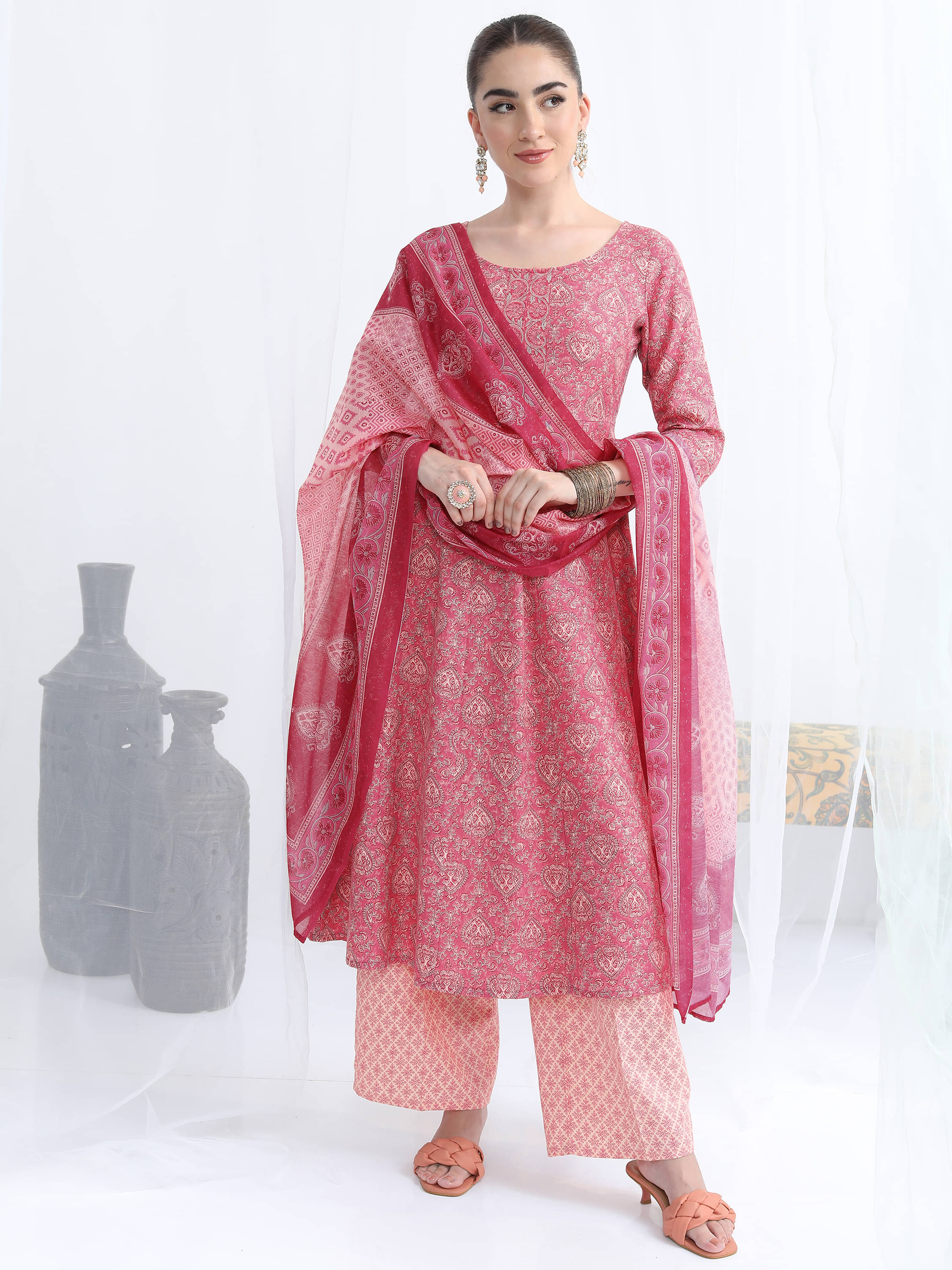     			Vishudh Women Polyester Printed A-line Kurti With Palazzo ( Pink )