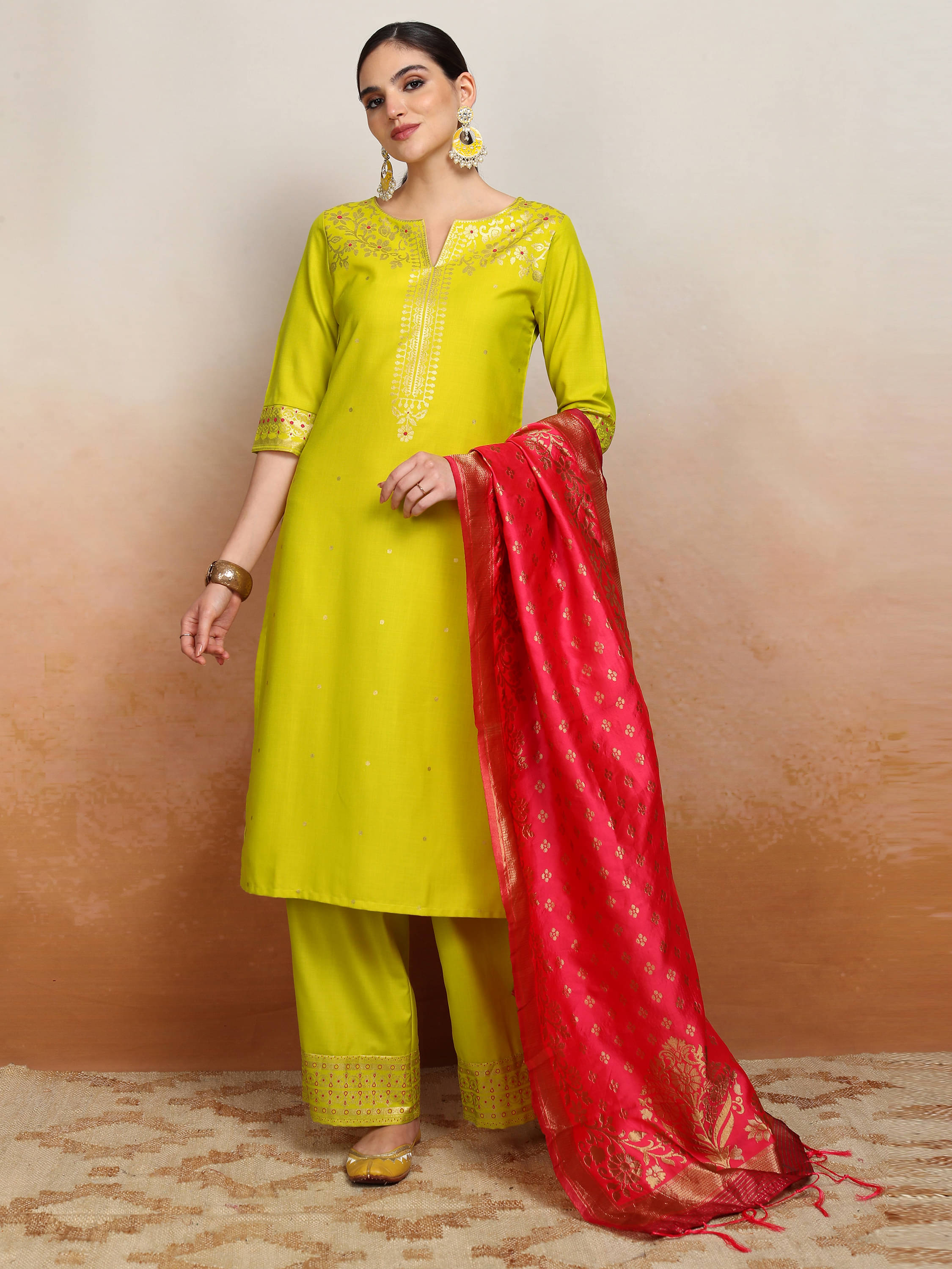     			Vishudh Women Polyester Printed Straight Kurti With Palazzo ( Lime Green )