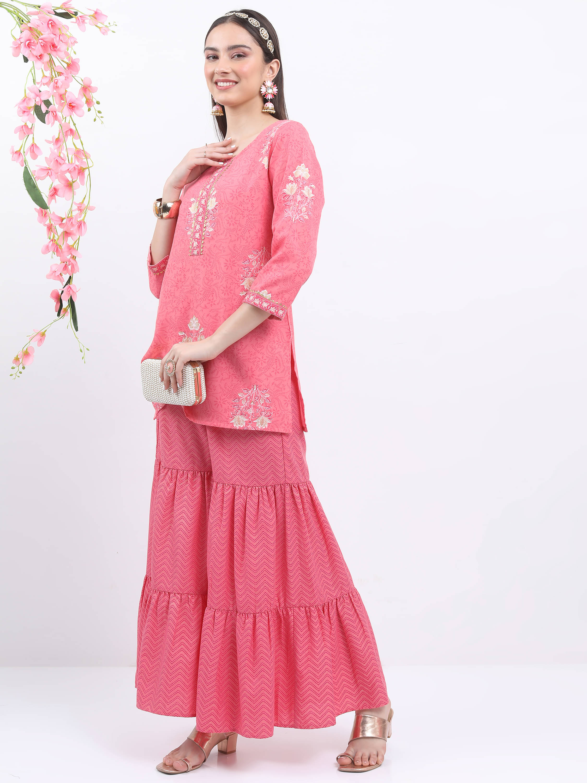 Vishudh Women Polyester Printed Straight Kurti With Sharara And Gharara ( Pink ) Vishudh Women Polyester Printed Straight Kurti With Sharara And Gharara ( Pink )