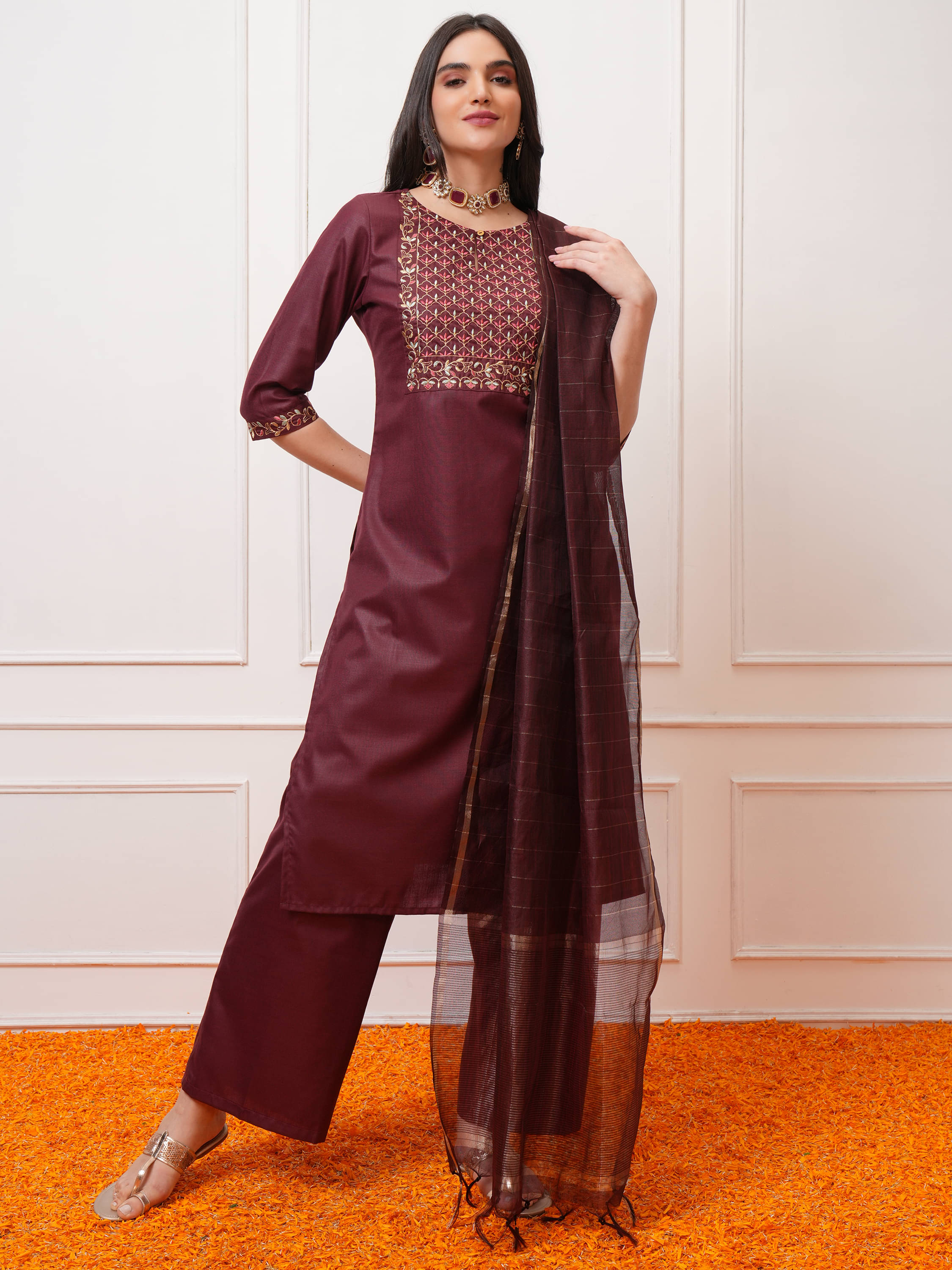     			Vishudh Women Polyester Printed Straight Kurti With Palazzo ( Brown )
