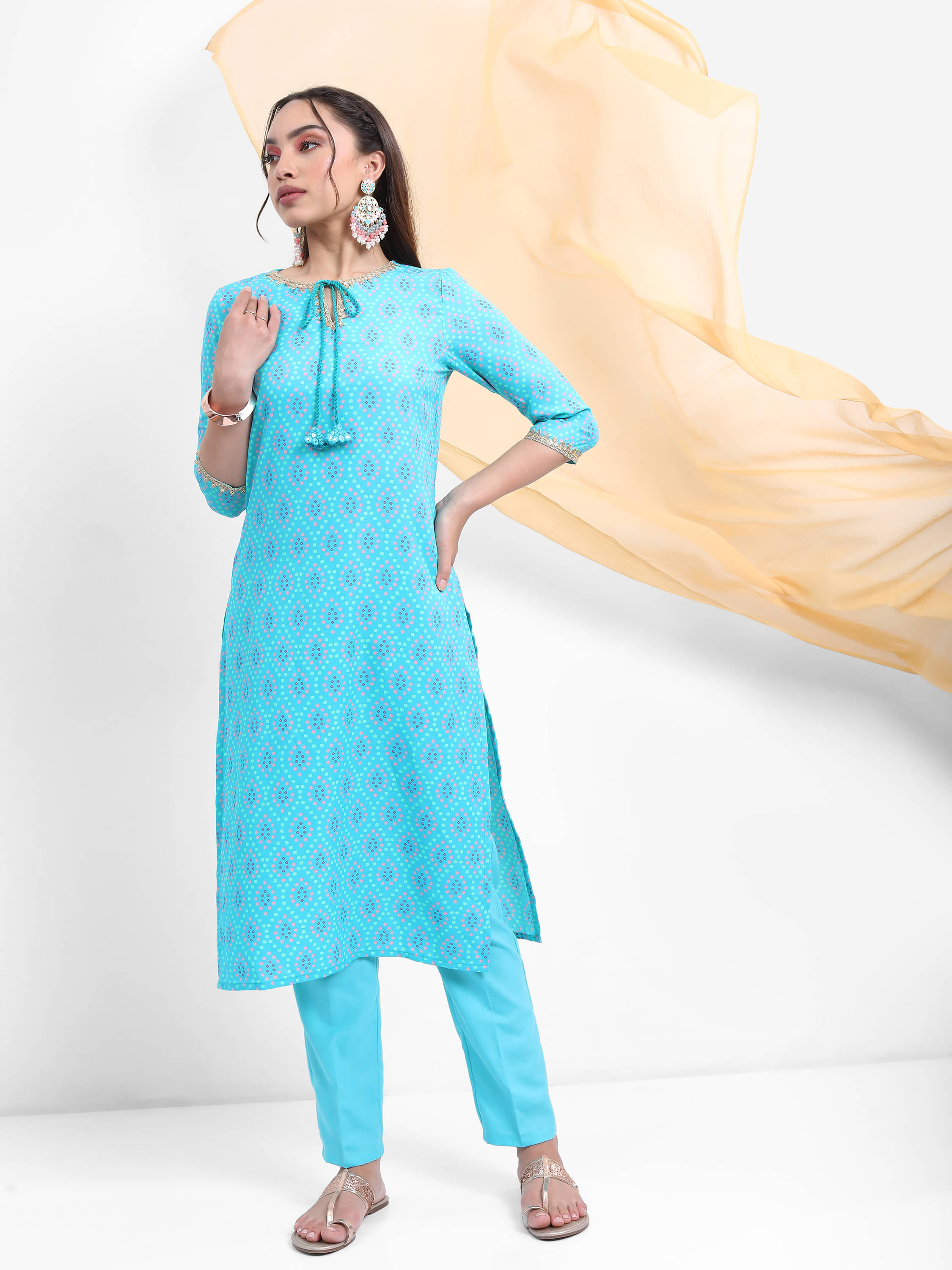     			Vishudh Women Polyester Self Design Straight Kurti With Pants ( Blue )