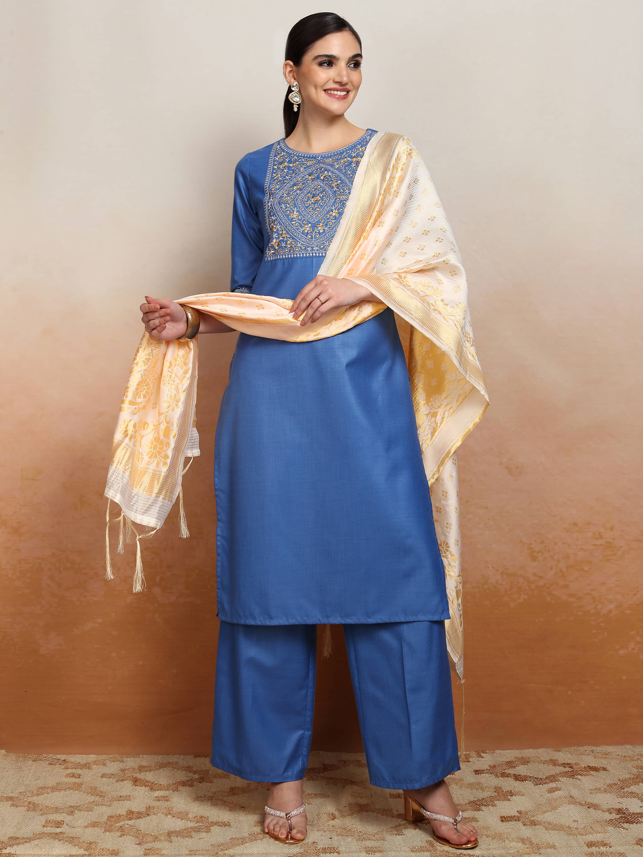 Vishudh Women Polyester Self Design Straight Kurti With Palazzo ( Blue ) Vishudh Women Polyester Self Design Straight Kurti With Palazzo ( Blue )