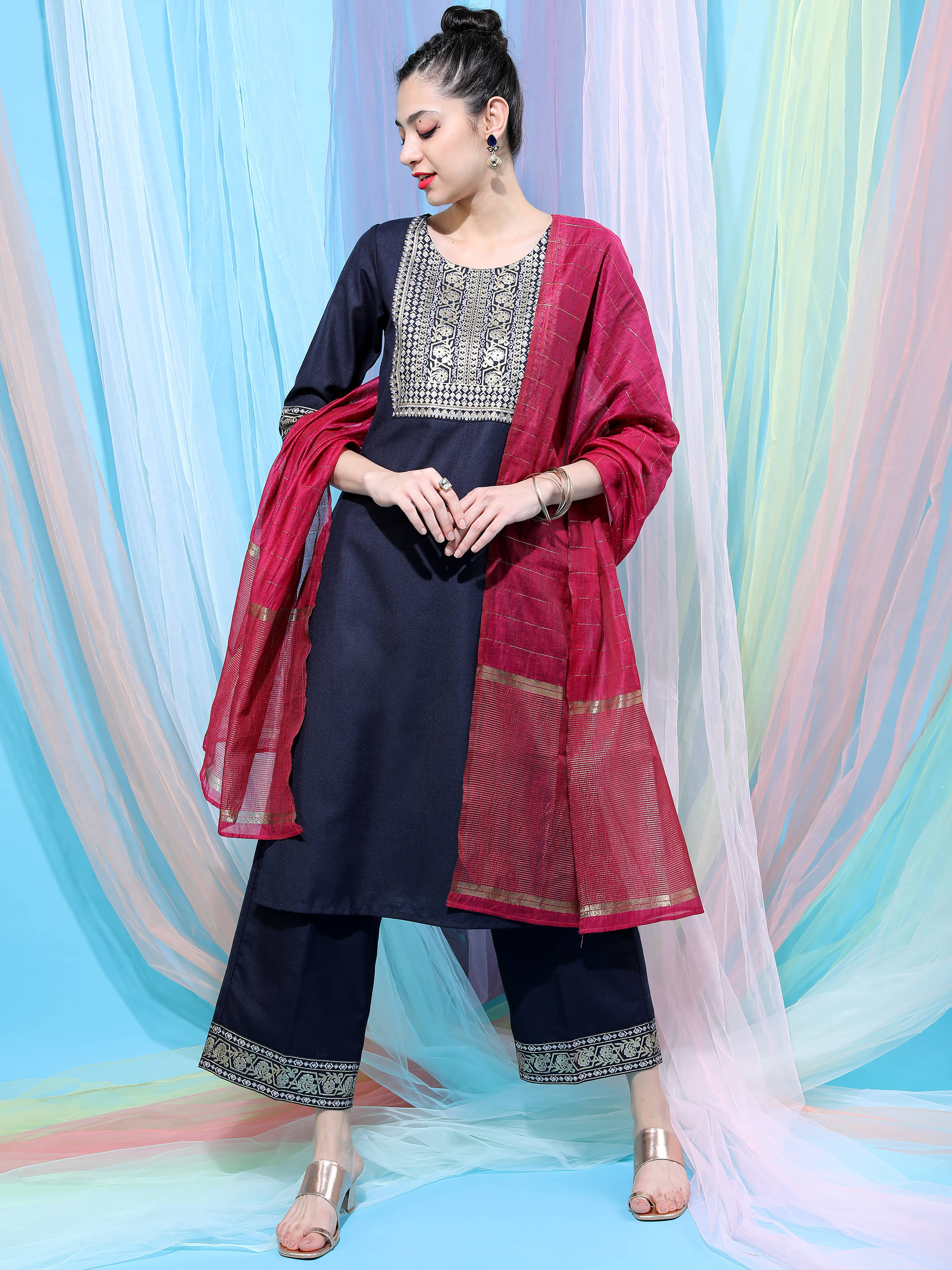     			Vishudh Women Polyester Self Design Straight Kurti With Palazzo ( Navy )