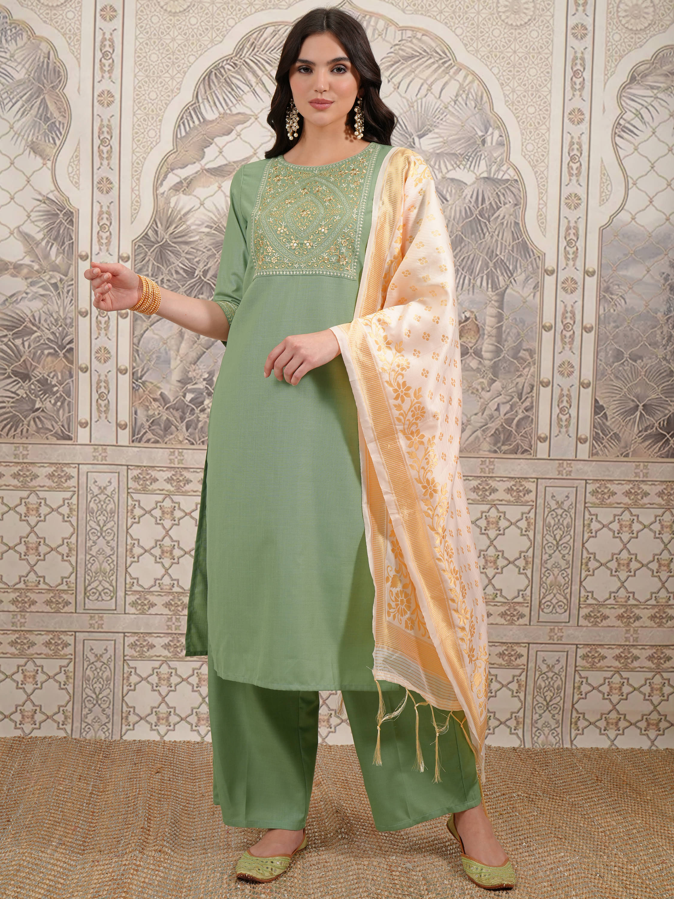     			Vishudh Women Polyester Self Design Straight Kurti With Palazzo ( Green )