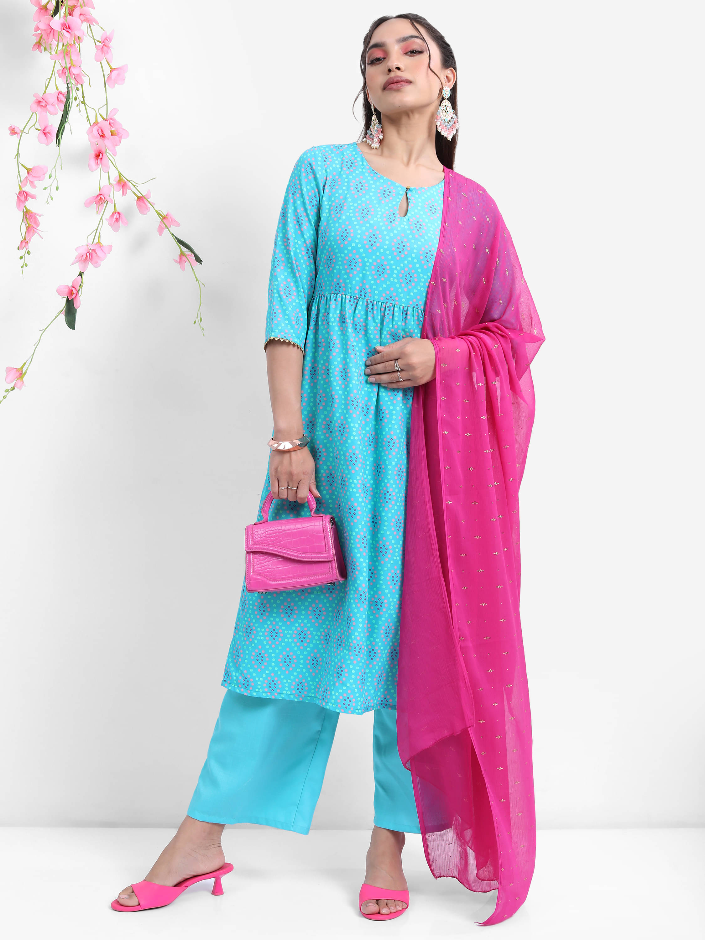     			Vishudh Women Polyester Self Design Flared Kurti With Palazzo ( Blue )