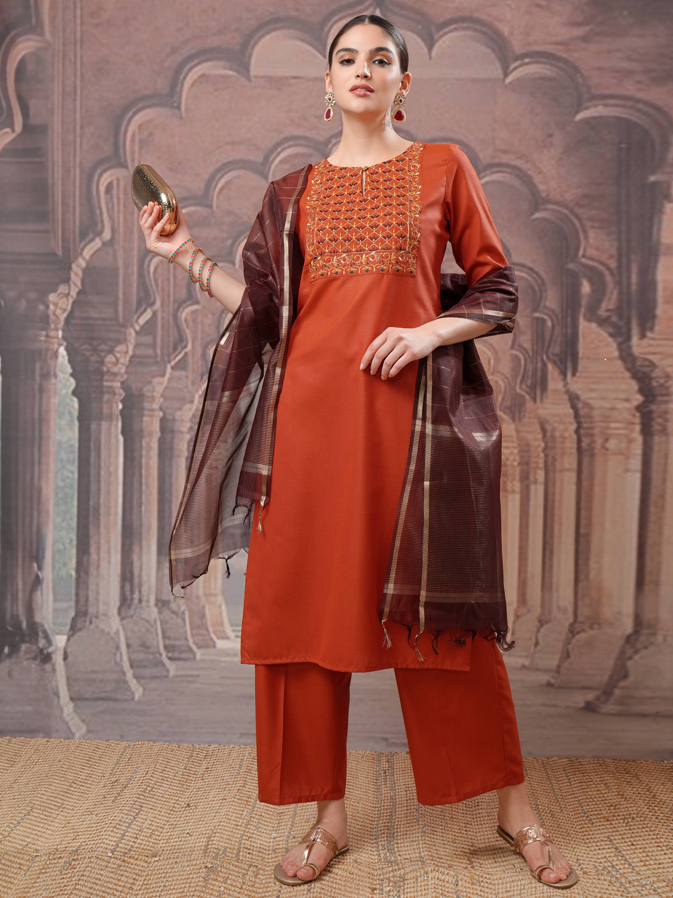 Vishudh Women Polyester Self Design Straight Kurti With Palazzo ( Rust ) Vishudh Women Polyester Self Design Straight Kurti With Palazzo ( Rust )