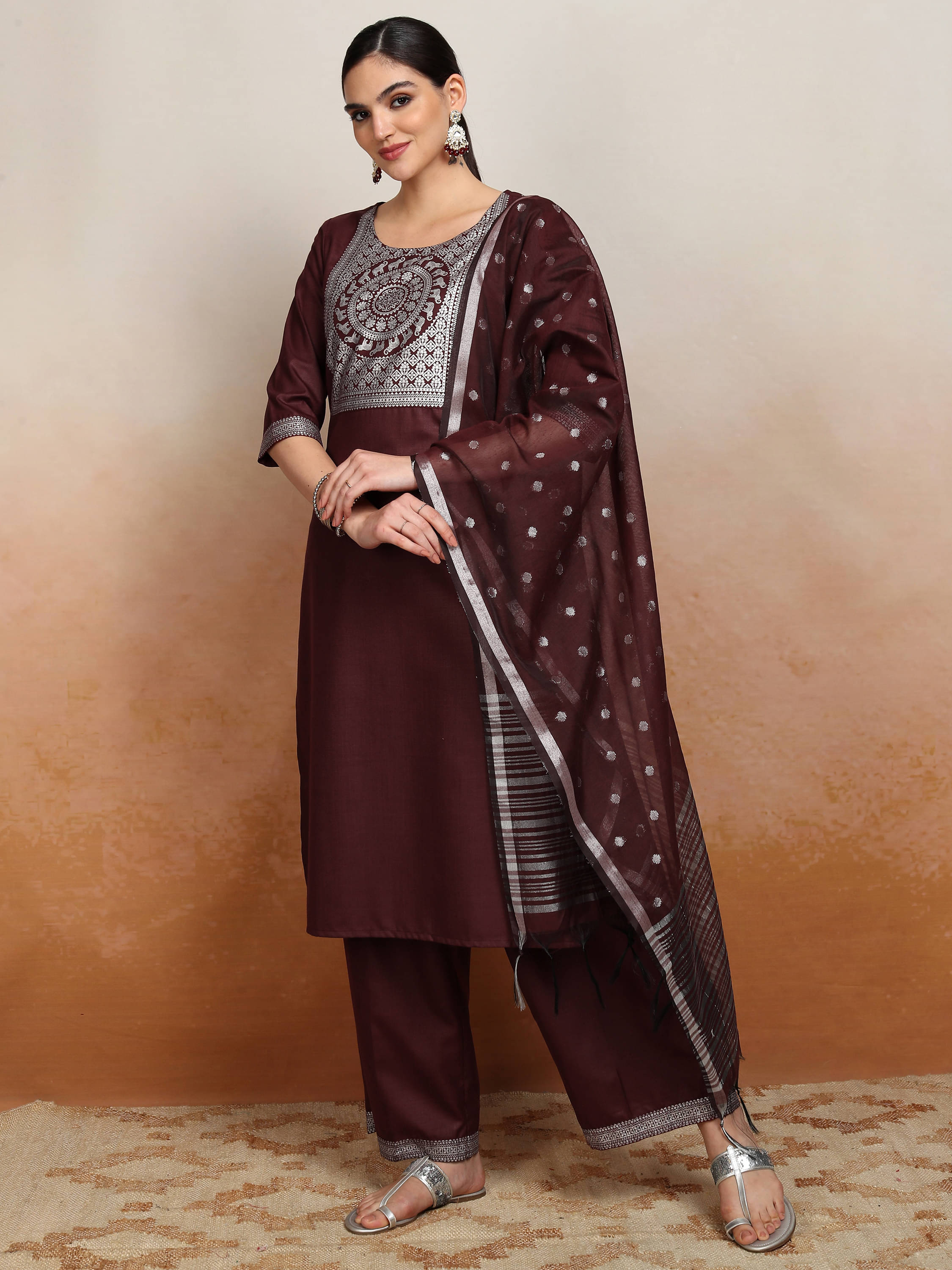 Vishudh Women Polyester Self Design Straight Kurti With Palazzo ( Brown ) Vishudh Women Polyester Self Design Straight Kurti With Palazzo ( Brown )