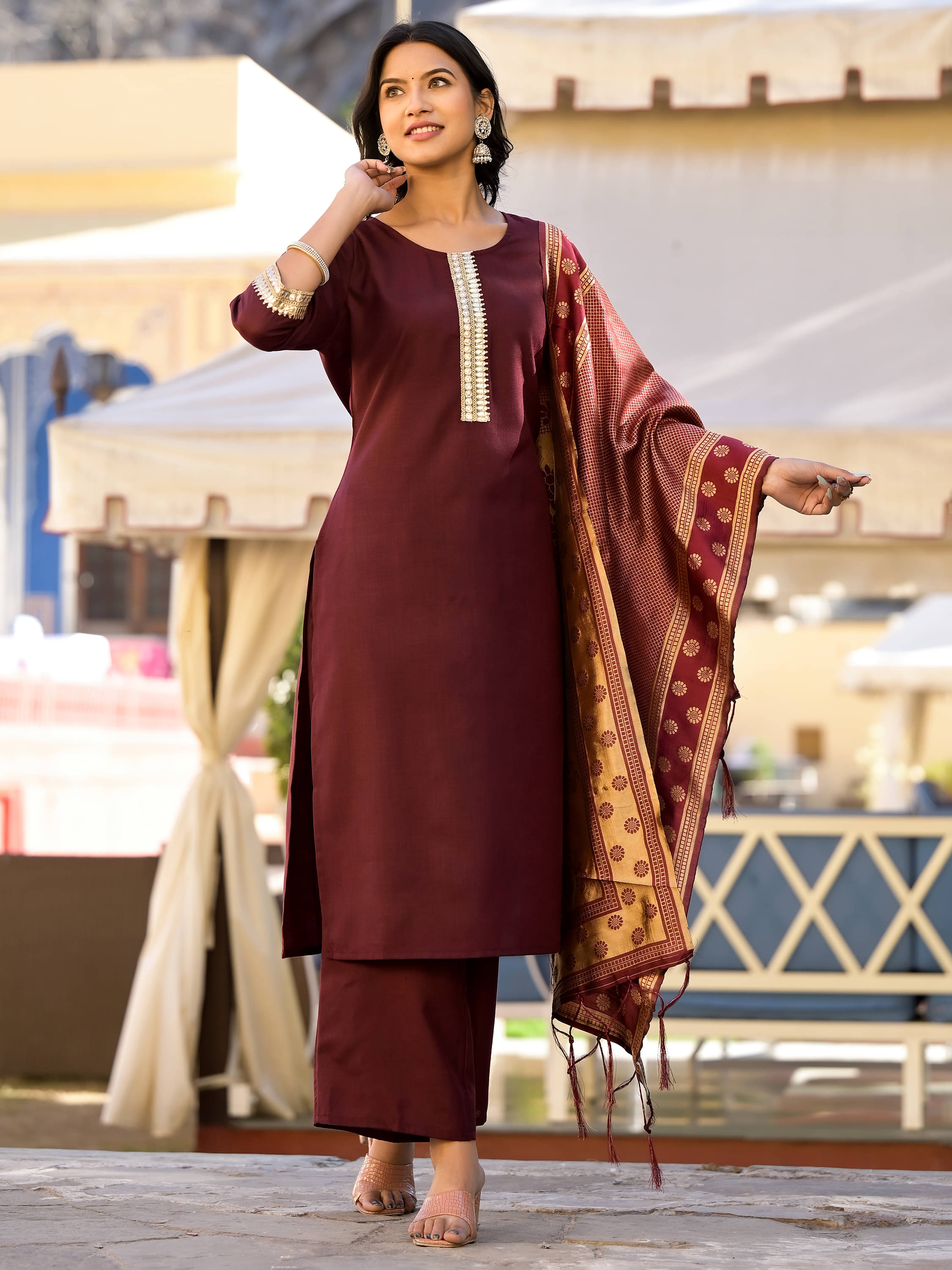 Vishudh Women Polyester Solid Straight Kurti With Palazzo ( Brown ) Vishudh Women Polyester Solid Straight Kurti With Palazzo ( Brown )