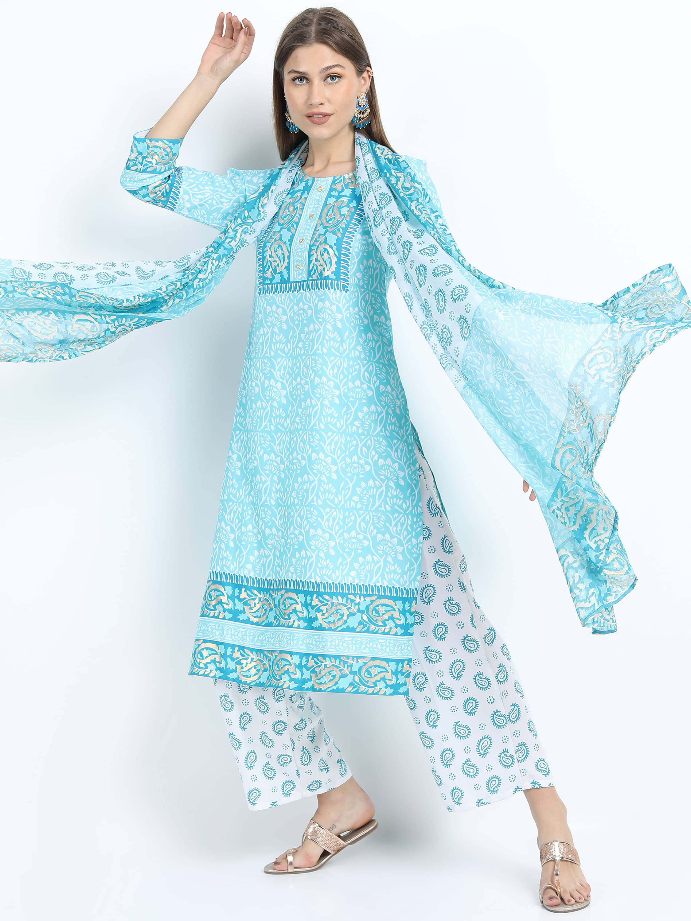     			Vishudh Women Viscose Printed Straight Kurti With Pants ( Blue )