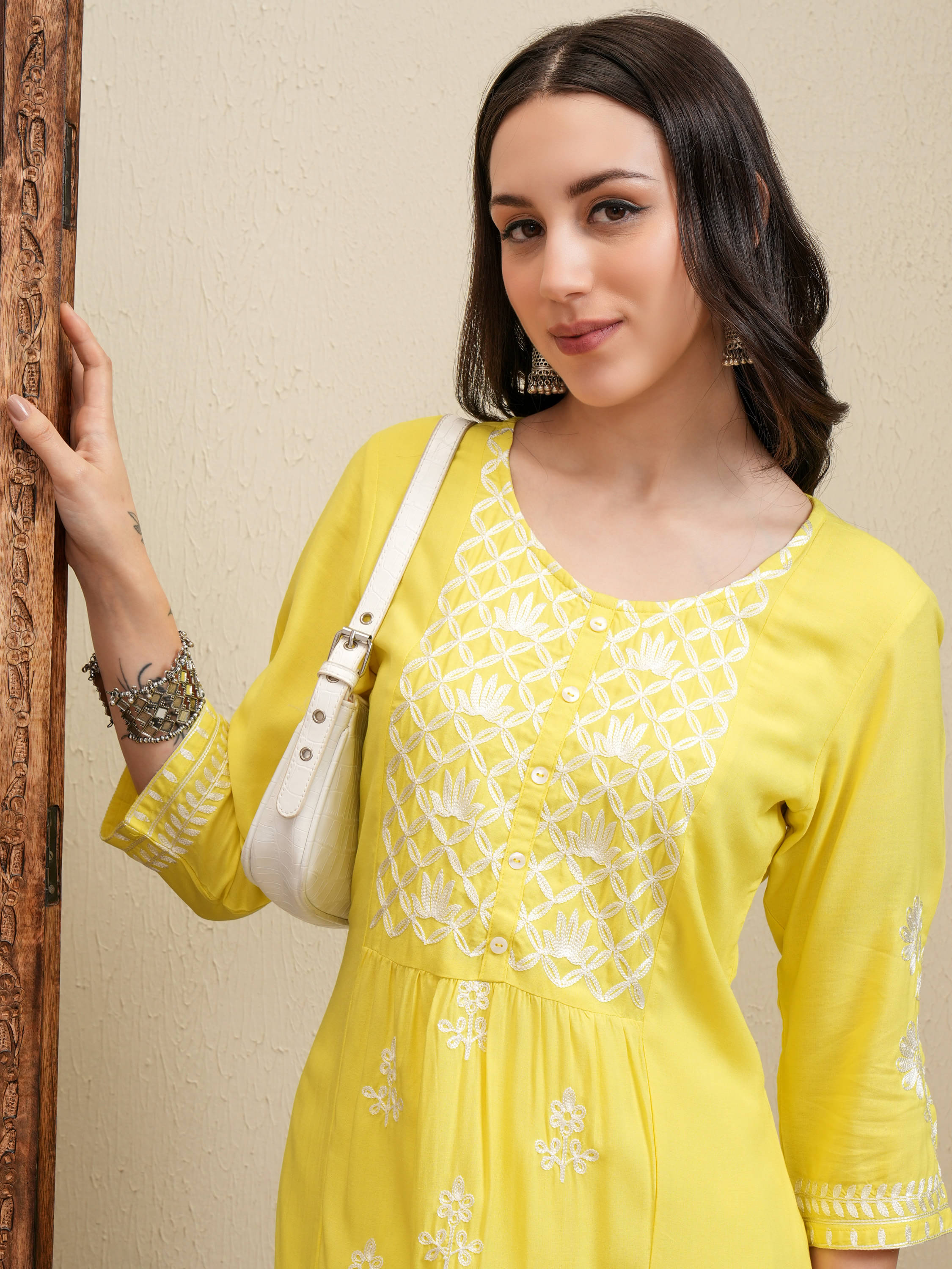 Vishudh Women Viscose Self Design A-line Kurti With Palazzo ( Yellow ) Vishudh Women Viscose Self Design A-line Kurti With Palazzo ( Yellow )