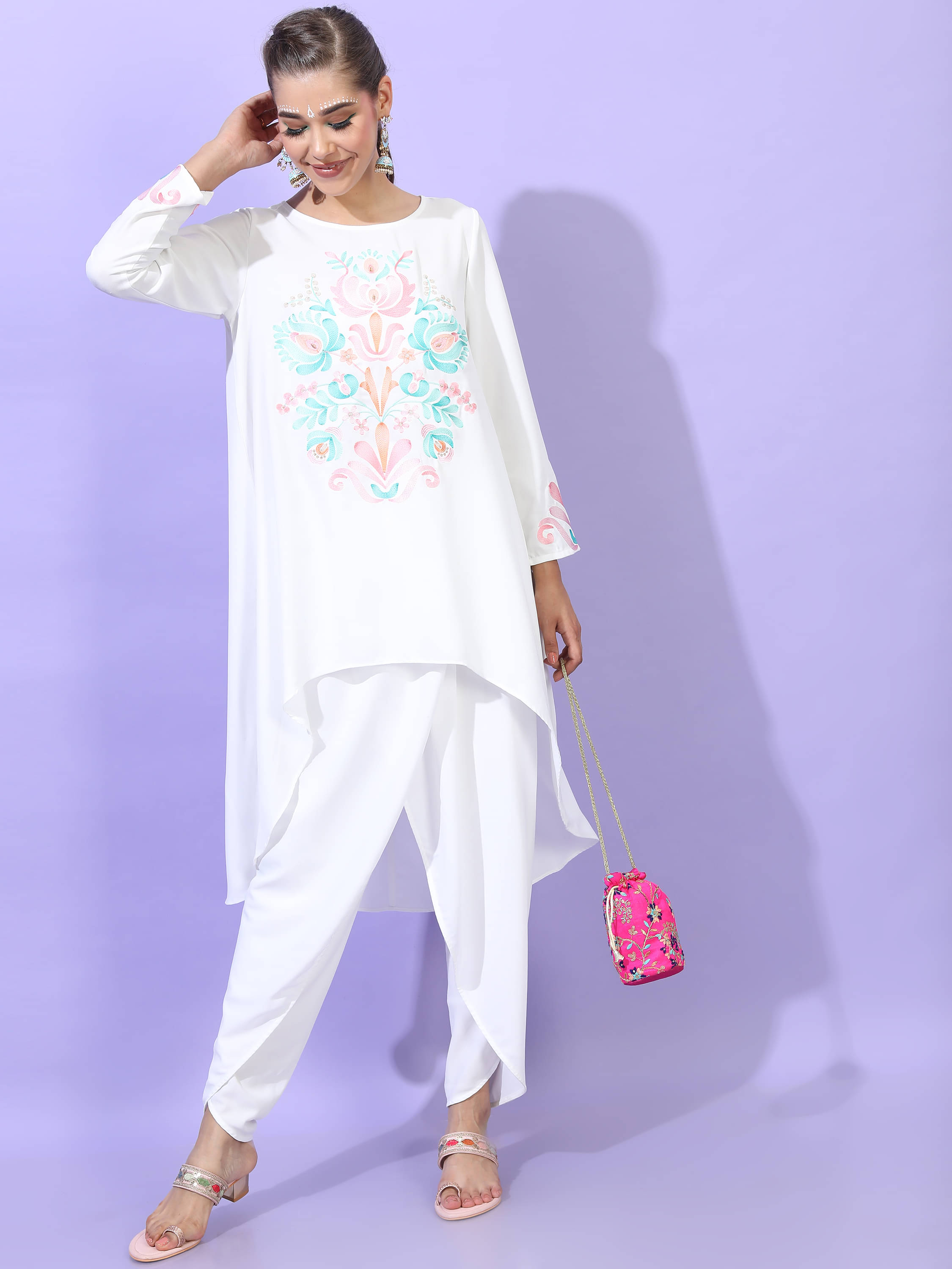 Vishudh Women Viscose Self Design High-Low Style Kurti With Dhoti Pants ( White ) Vishudh Women Viscose Self Design High-Low Style Kurti With Dhoti Pants ( White )