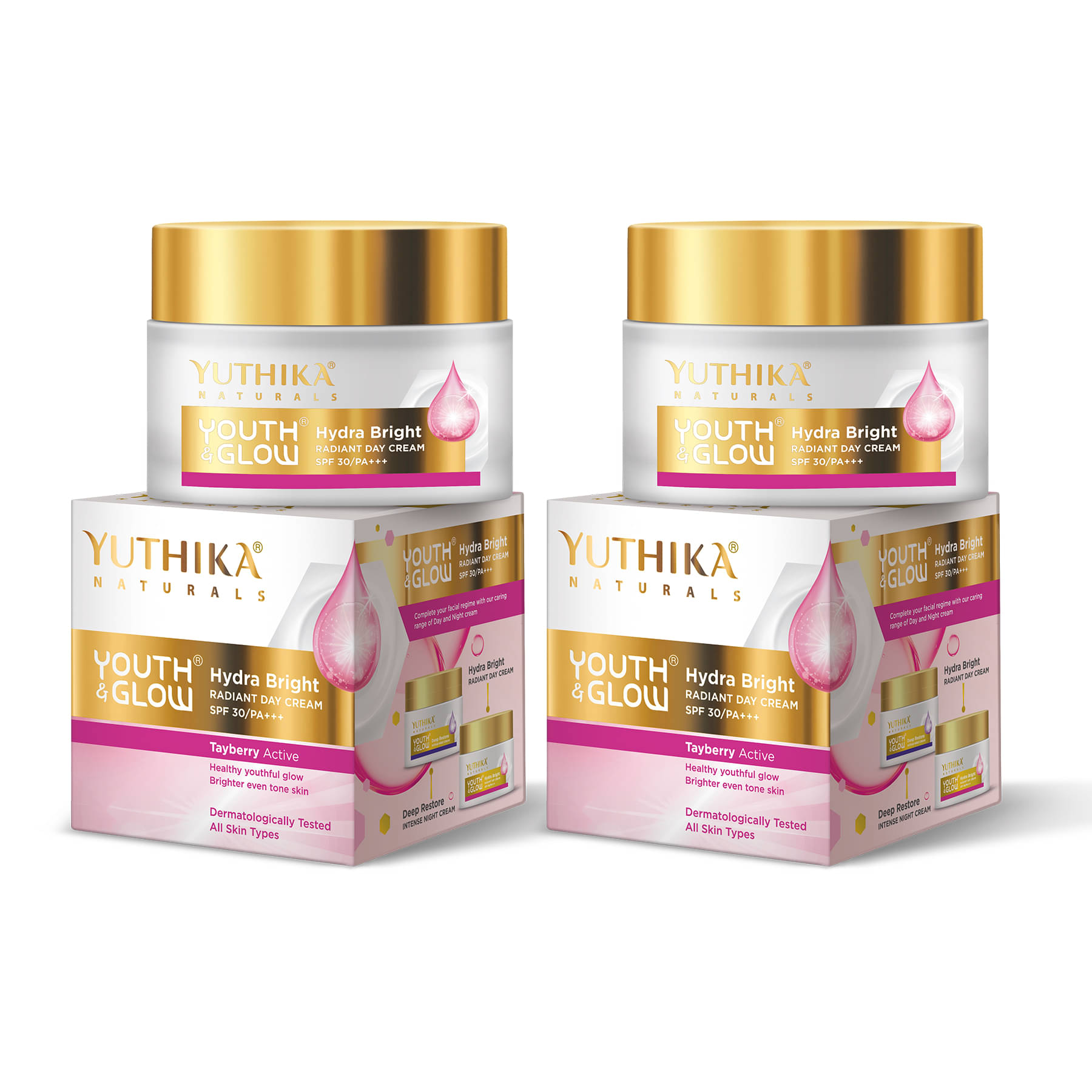     			Yuthika Youth & Glow Hydra Bright Radiant Day Cream 25g Pack of 2, SPF30 PA+++ Dermatologically Tested, Tayberry Active Face Cream