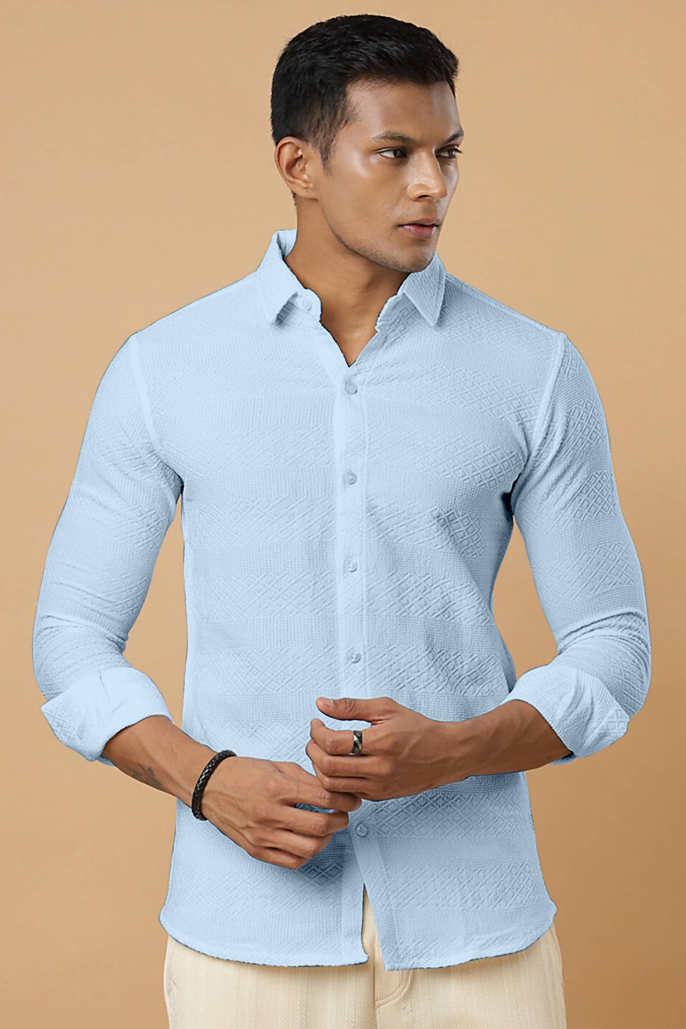     			ZEVBISA Poly Cotton Regular Fit Self Design Full Sleeves Men's Casual Shirt - Light Blue ( Pack of 1 )