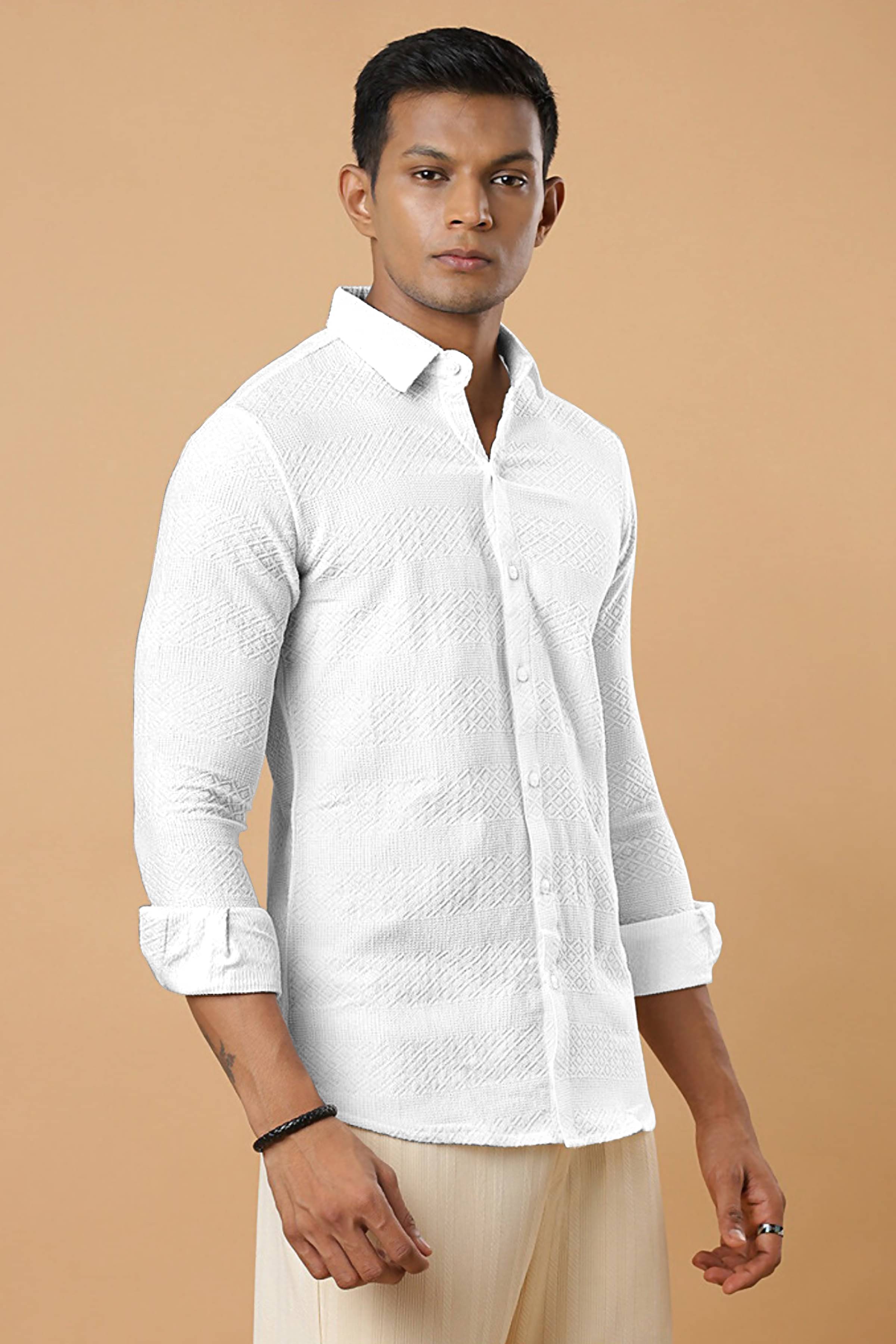     			ZEVBISA Poly Cotton Regular Fit Self Design Full Sleeves Men's Casual Shirt - White ( Pack of 1 )