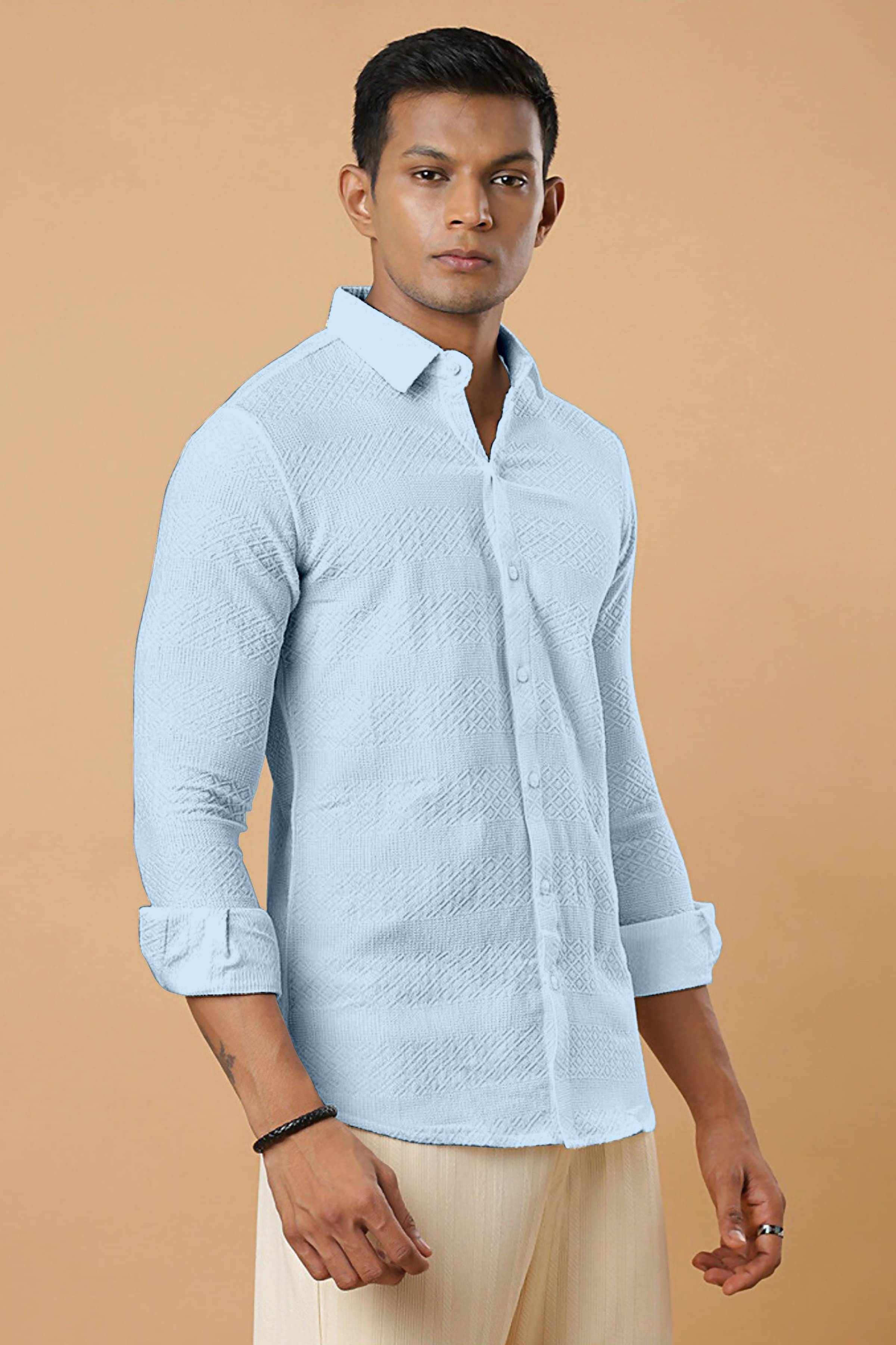     			ZEVBISA Poly Cotton Regular Fit Self Design Full Sleeves Men's Casual Shirt - Light Blue ( Pack of 1 )