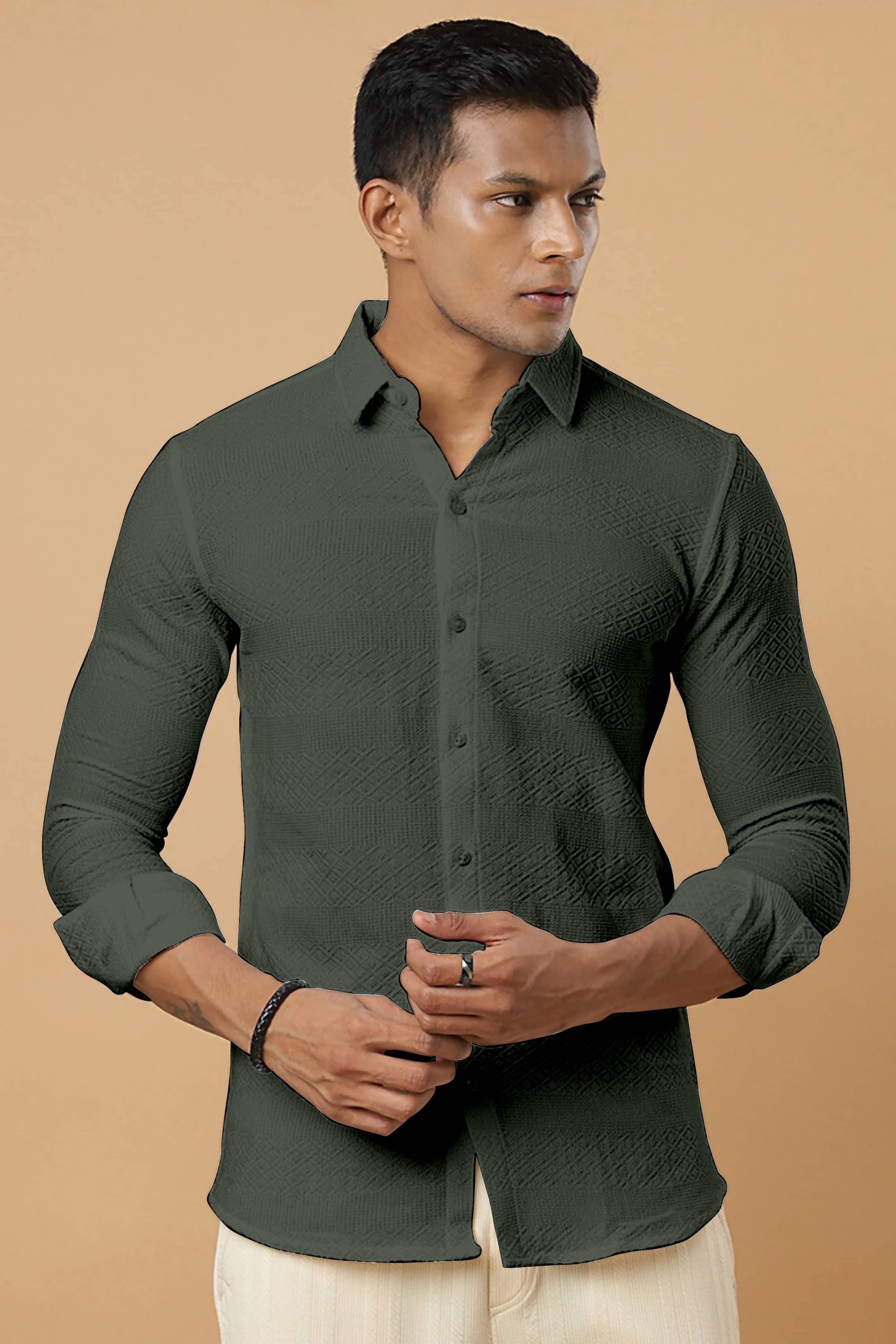     			ZEVBISA Poly Cotton Regular Fit Self Design Full Sleeves Men's Casual Shirt - Olive ( Pack of 1 )