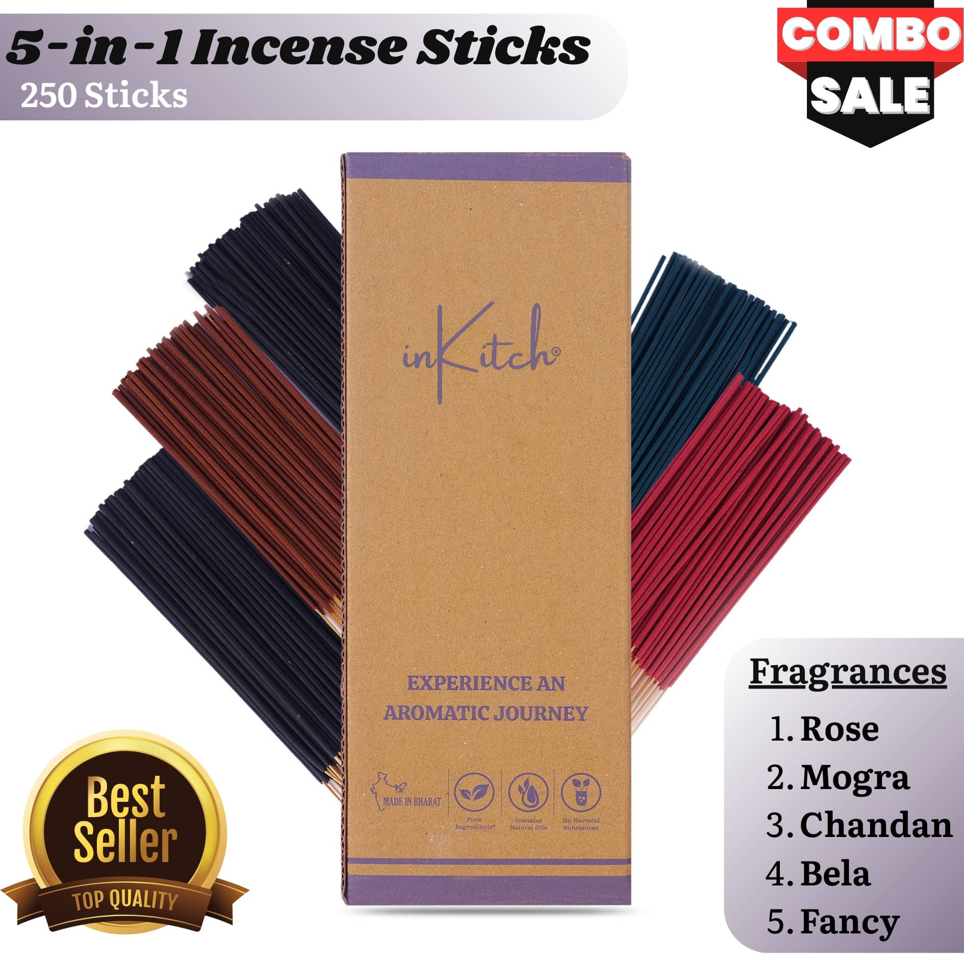     			inKitch Incense Stick Rose,Chandan,Mogra,Mixed Fragrances 400 gm ( Pack of 1 )