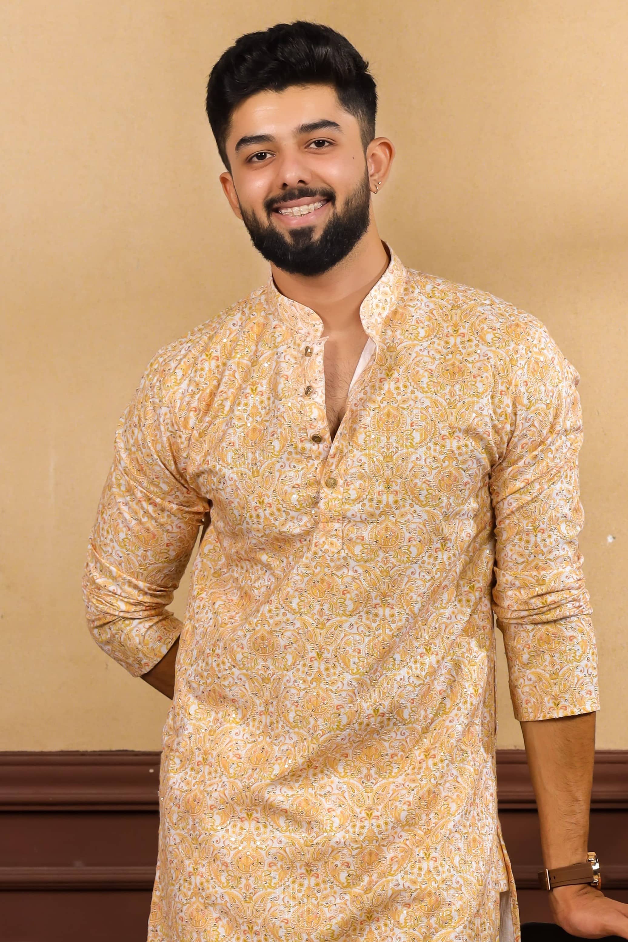 koshin Cotton Blend Printed Regular Kurta For Men ( Gold ) - Kurtas & Kurta Sets | Buy online on ZillyBuy