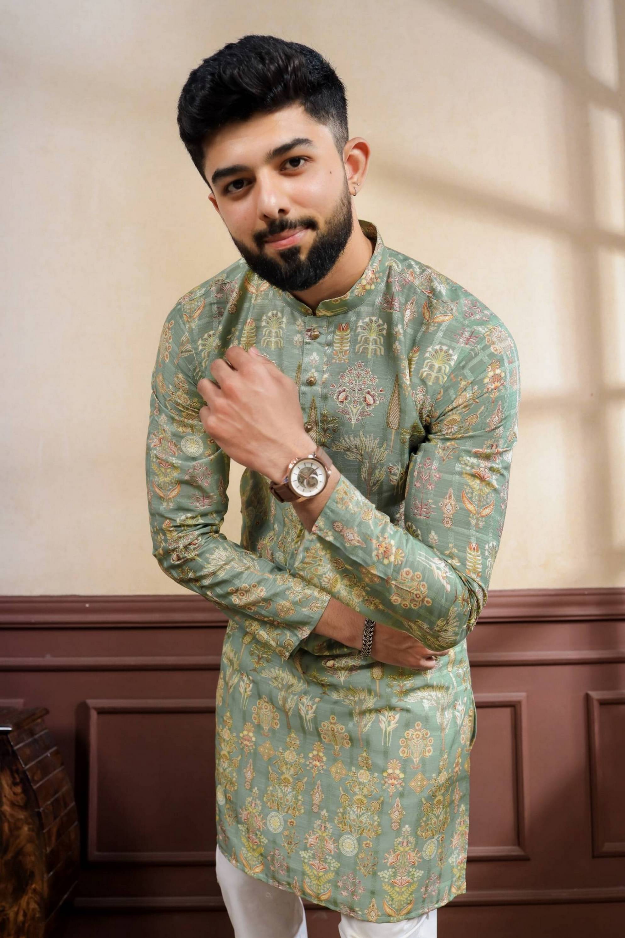     			koshin Light Green Cotton Blend Men's Regular Kurta ( Pack of 1 )