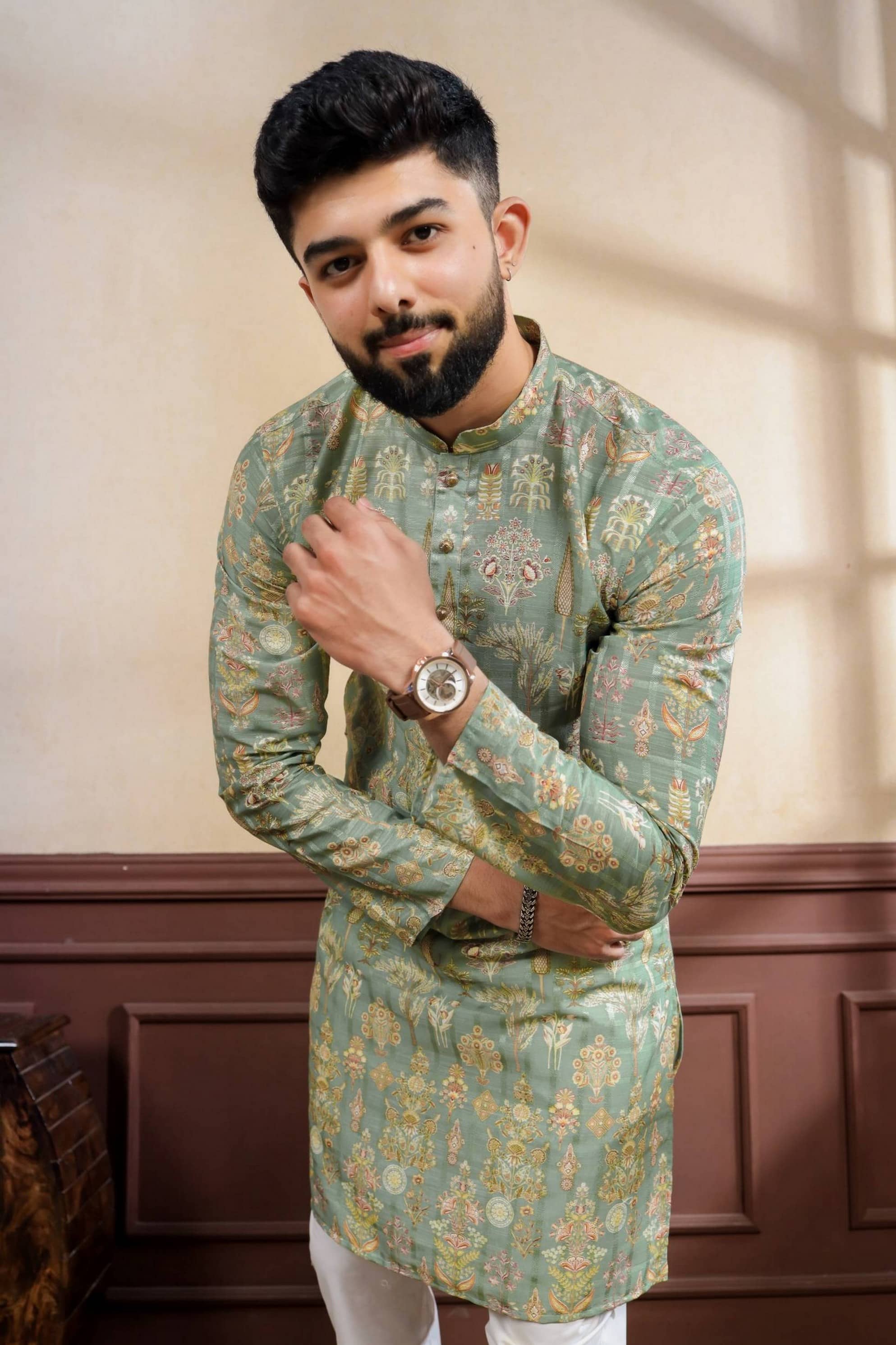 koshin Cotton Blend Printed Regular Fit Kurta Pyjama Set For Men ( Light Green ) - Kurtas & Kurta Sets | Buy online on ZillyBuy