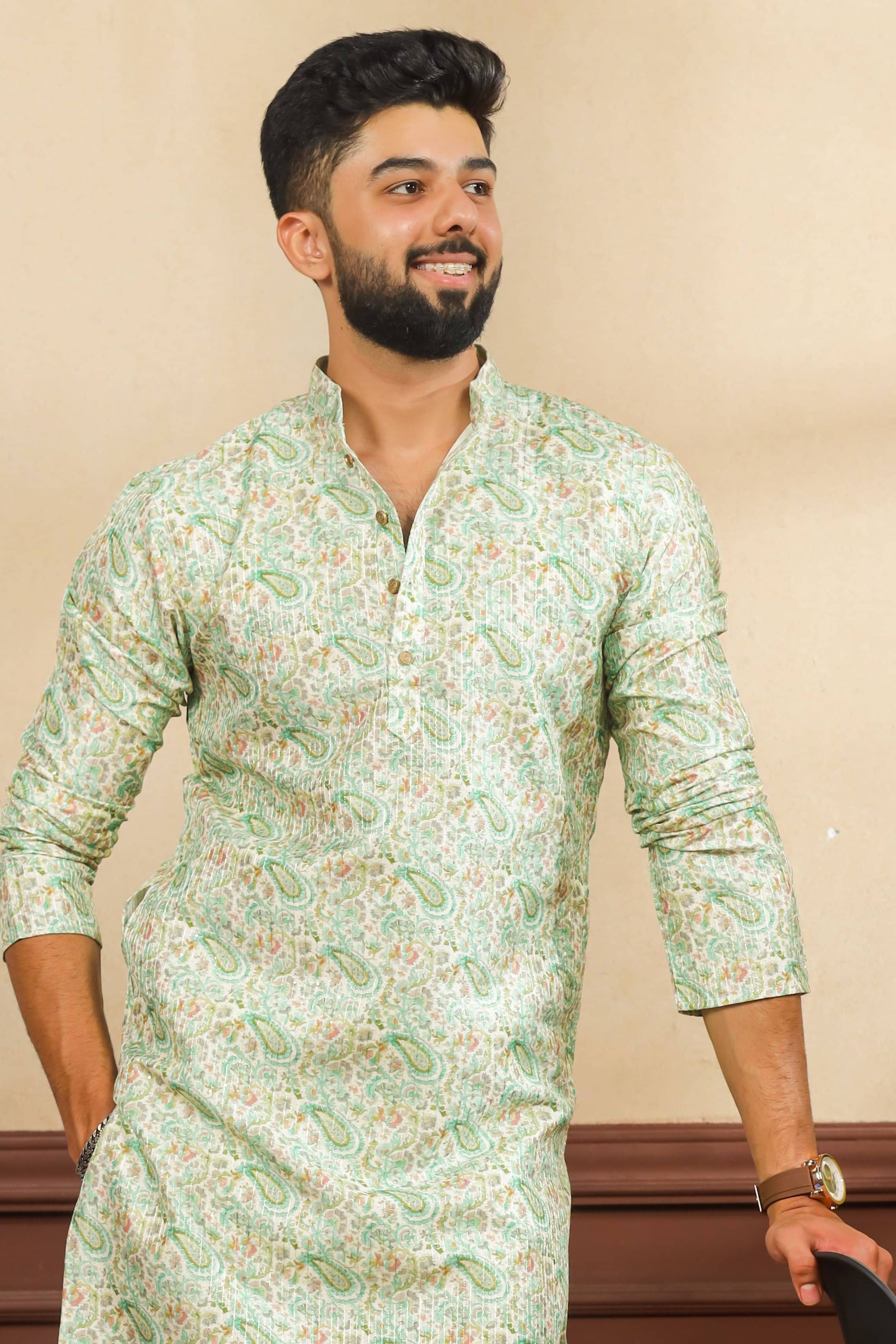 koshin Light Green Cotton Blend Regular Fit Men's Kurta Pyjama Set ( Pack of 1 )     			koshin Light Green Cotton Blend Regular Fit Men's Kurta Pyjama Set ( Pack of 1 )