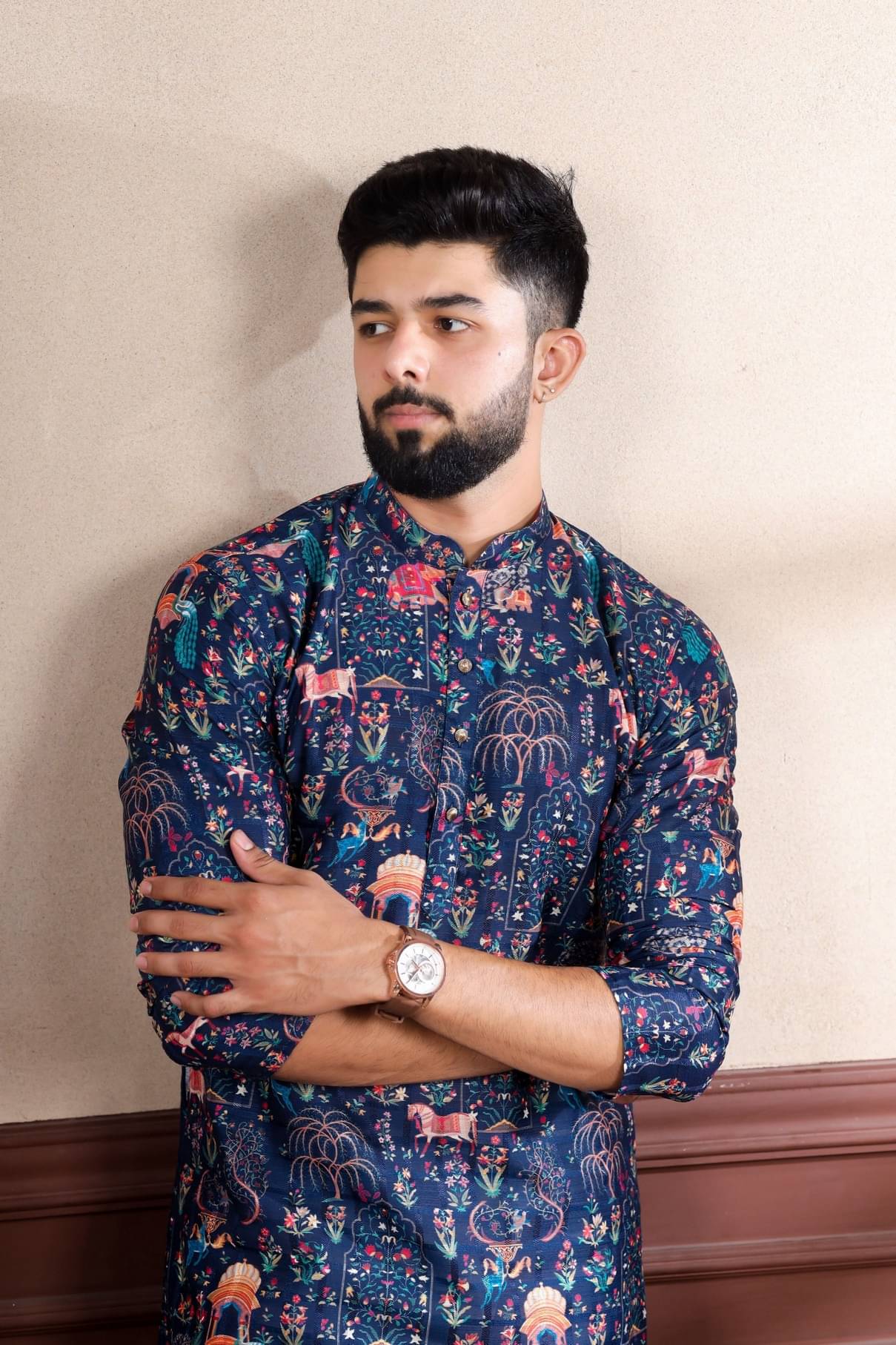     			koshin Navy Blue Cotton Blend Men's Regular Kurta ( Pack of 1 )
