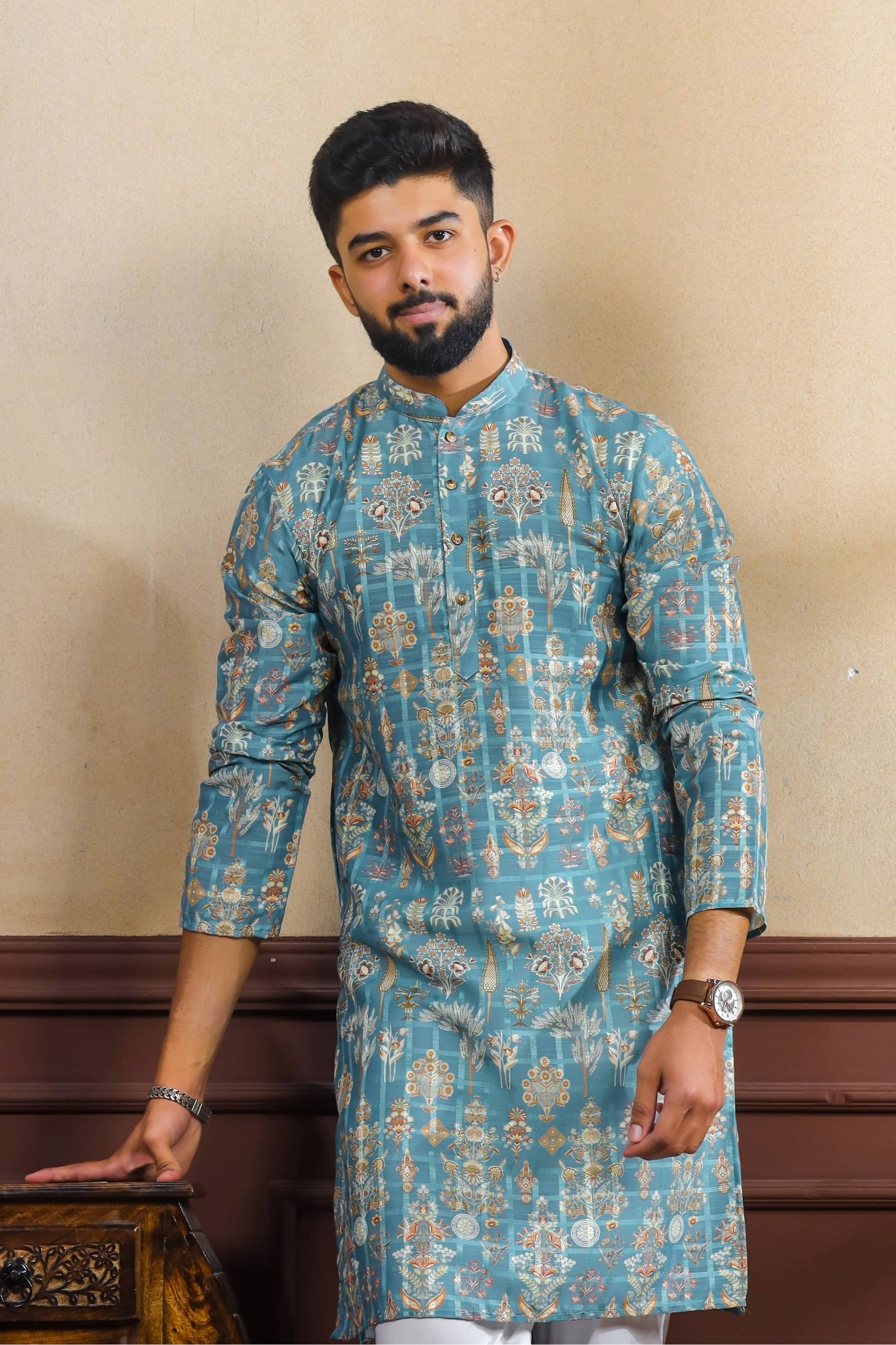 koshin Teal Cotton Blend Men's Regular Kurta ( Pack of 1 )     			koshin Teal Cotton Blend Men's Regular Kurta ( Pack of 1 )