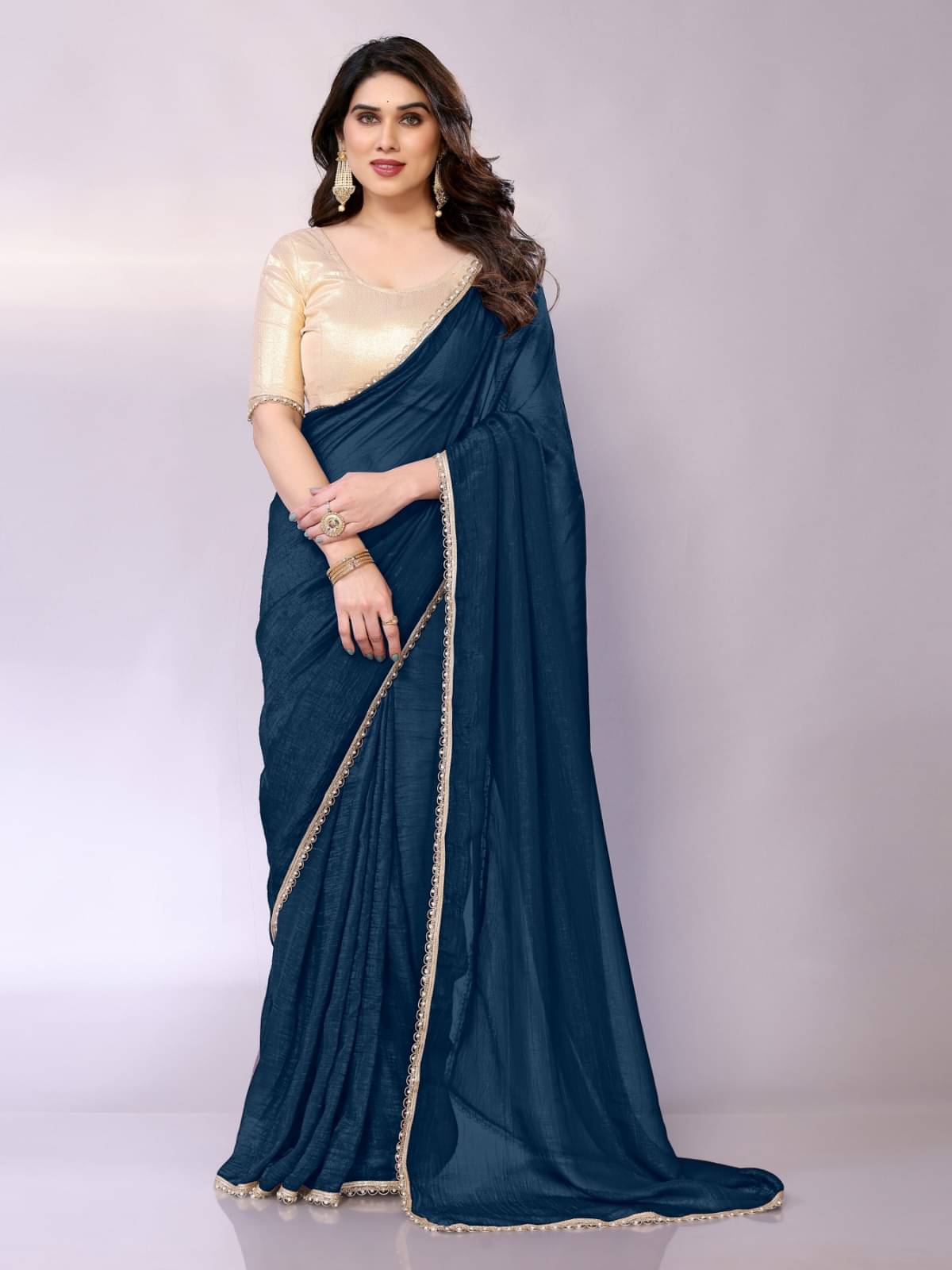 BLEESBURY Jimmy Choo Solid Regular Saree With Unstitched Blouse Piece ( Light Blue ) BLEESBURY Jimmy Choo Solid Regular Saree With Unstitched Blouse Piece ( Light Blue )