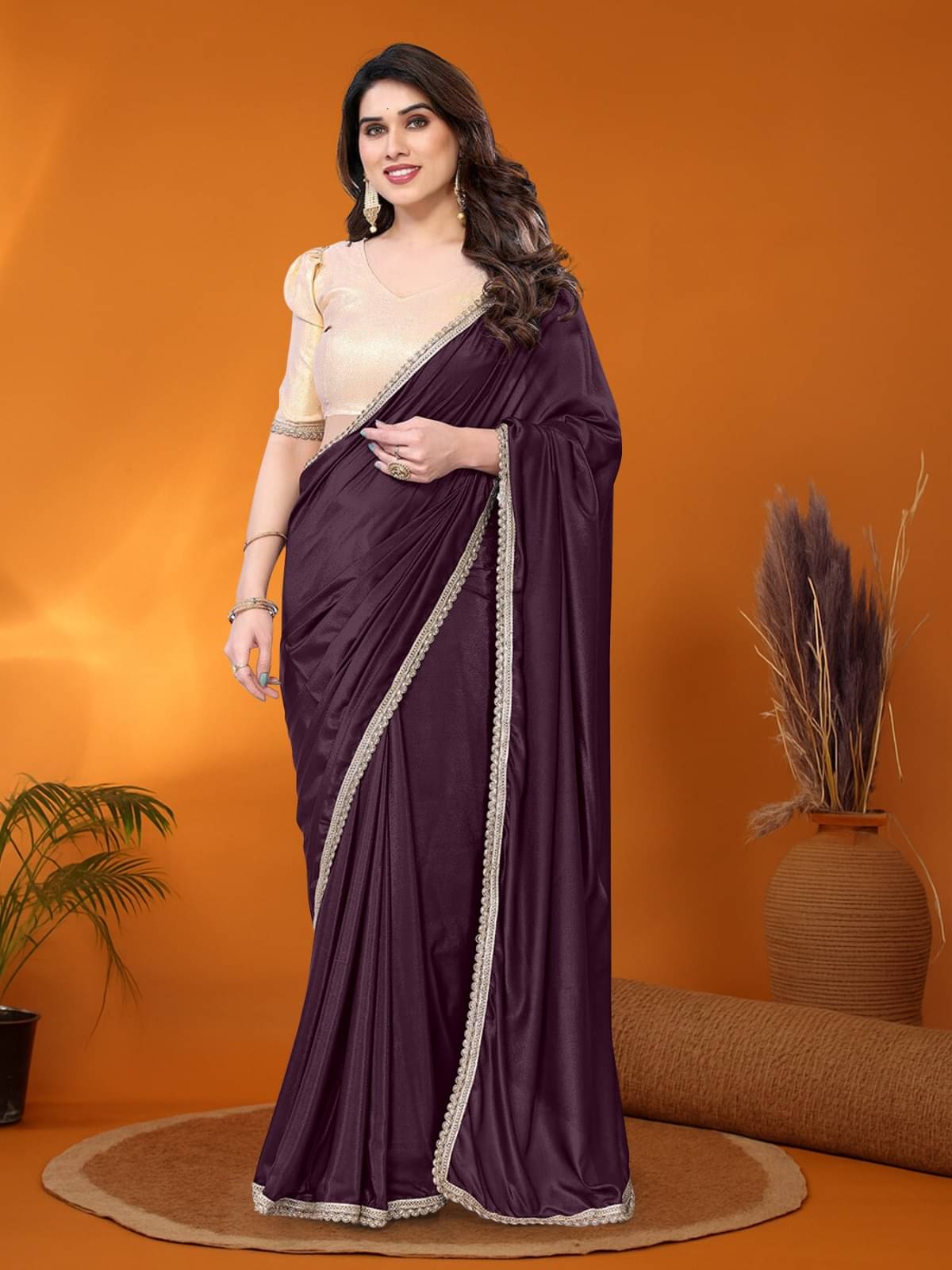BLEESBURY Jimmy Choo Solid Regular Saree With Unstitched Blouse Piece ( Purple ) BLEESBURY Jimmy Choo Solid Regular Saree With Unstitched Blouse Piece ( Purple )