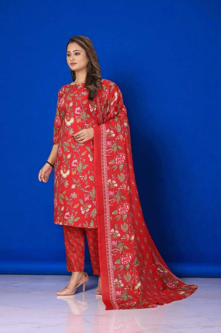     			BONISTA FASHION FOR ALL Women Cotton Printed A-line Kurti With Pants ( Red )