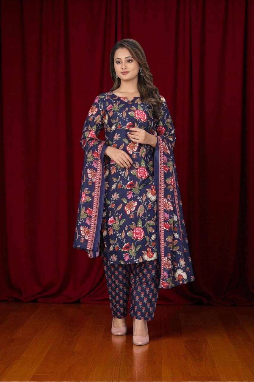 BONISTA FASHION FOR ALL Women Cotton Printed A-line Kurti With Pants ( Navy Blue ) BONISTA FASHION FOR ALL Women Cotton Printed A-line Kurti With Pants ( Navy Blue )