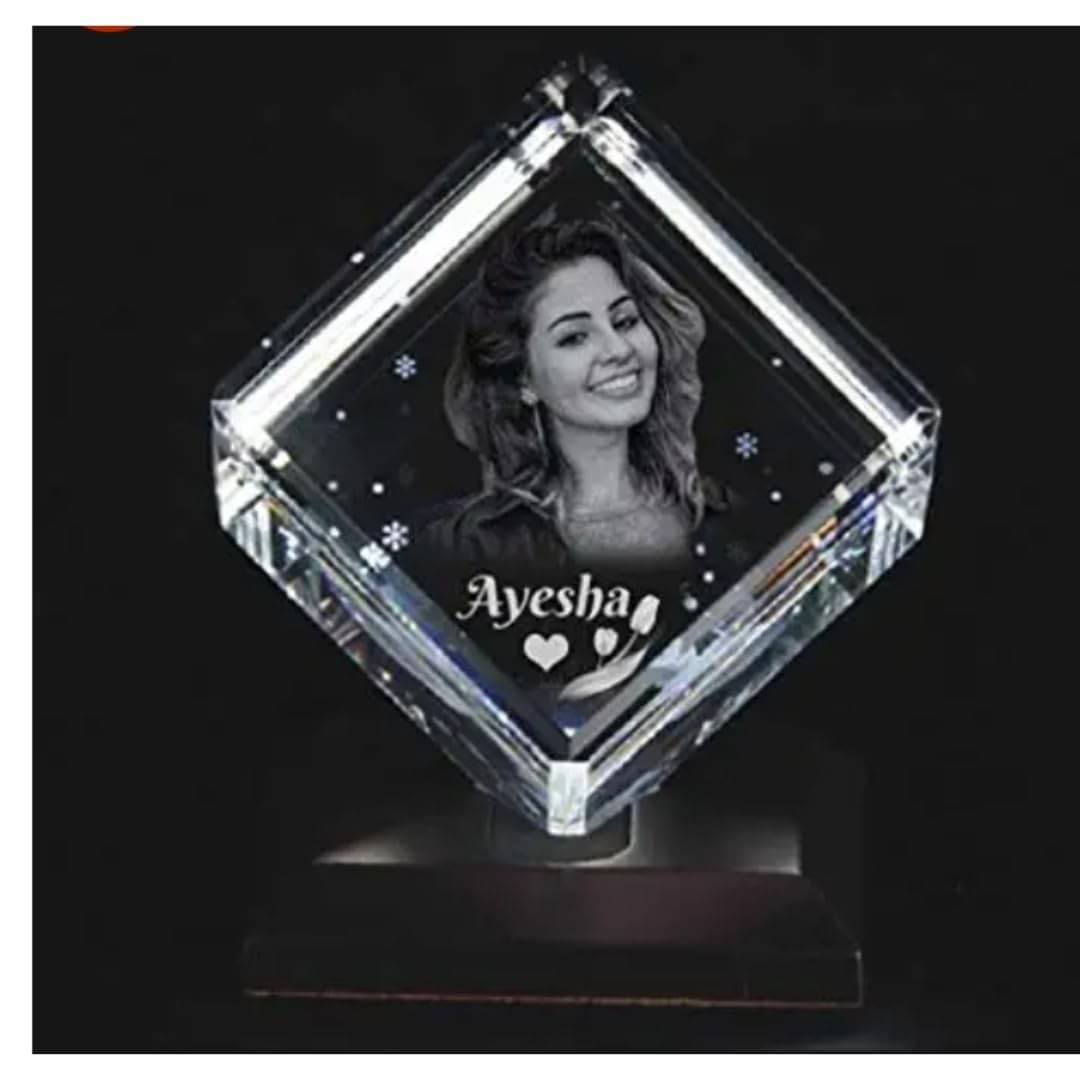     			Cut Cube Shaped Crystal with 3D Photo Inside with Free Light Base