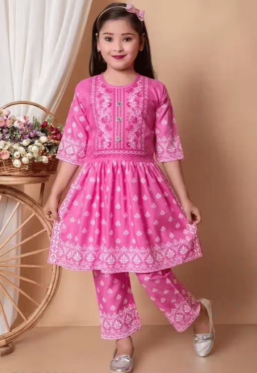 DS DRESSES Girls Cotton Kurti with Pants ( Pack of 1 , Light Pink )