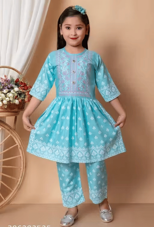     			DS DRESESS Girls Cotton Kurti with Pants ( Pack of 1 , Sky Blue )