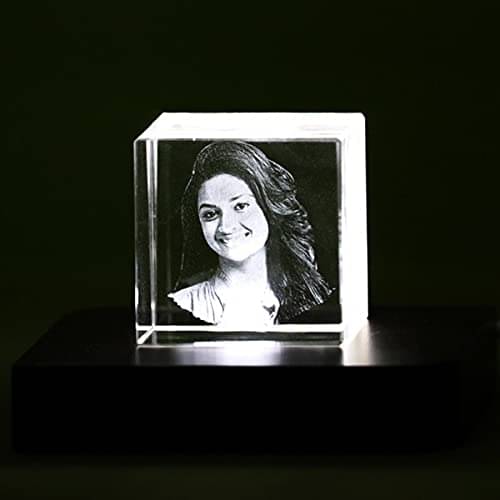     			Dharani Gifts Square Cube Shaped Crystal with 3D Photo Inside with Free Light Base