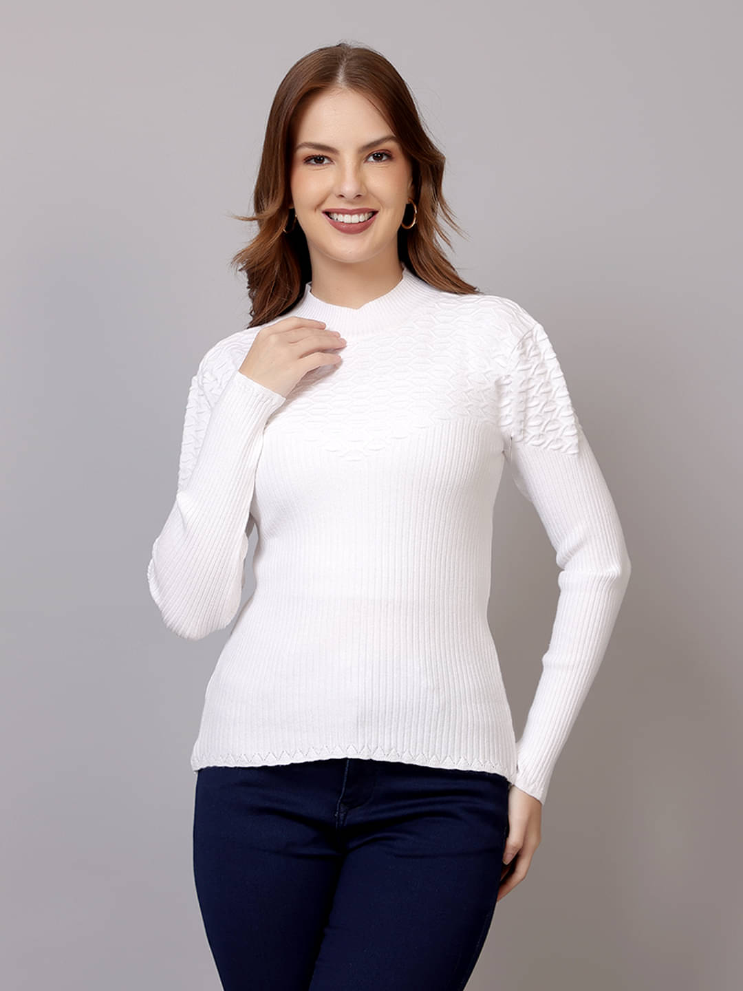     			FEVERFEW Women Viscose Round Neck Pullover ( White )