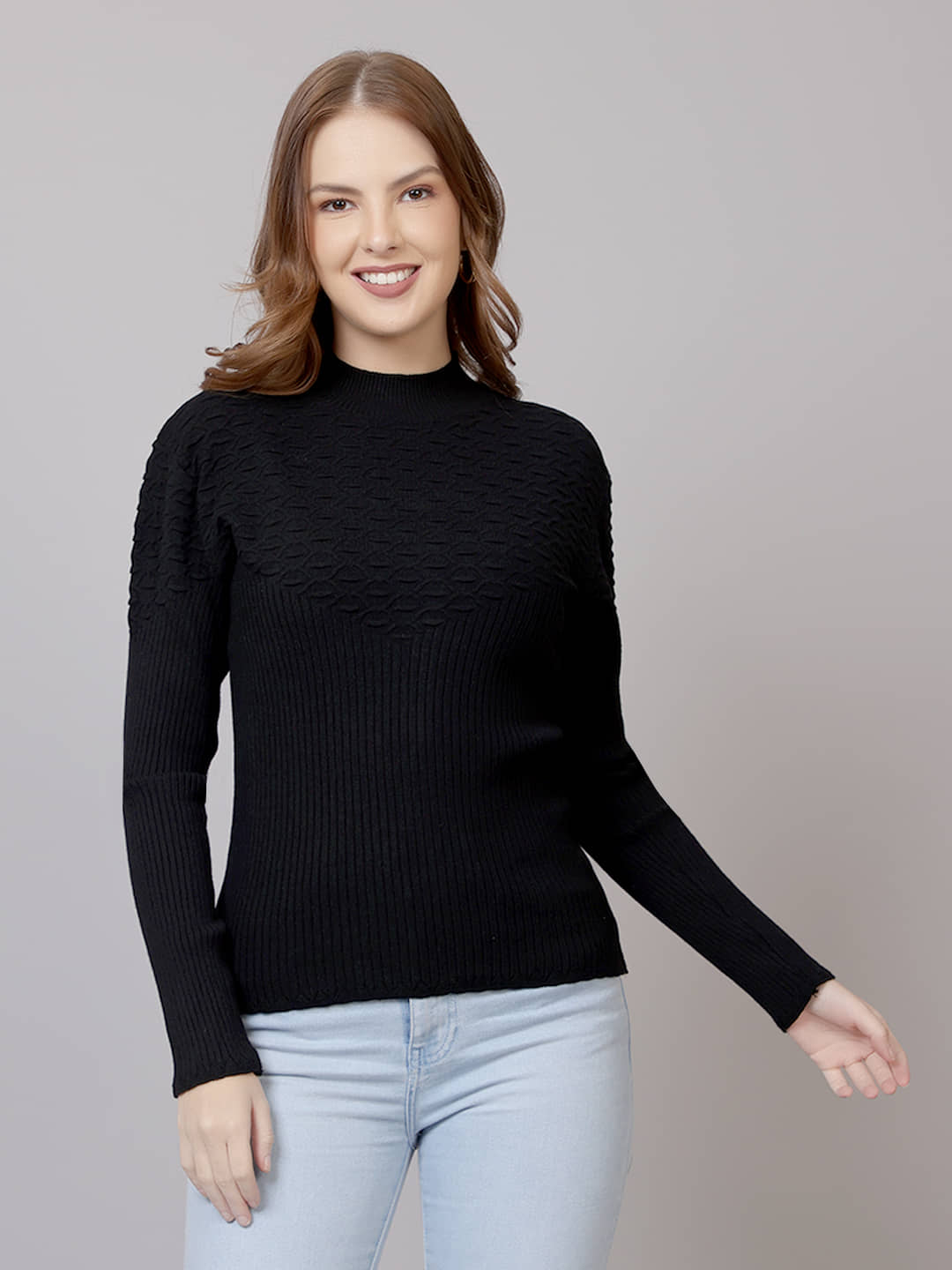 FEVERFEW Women Viscose Round Neck Pullover ( Black )