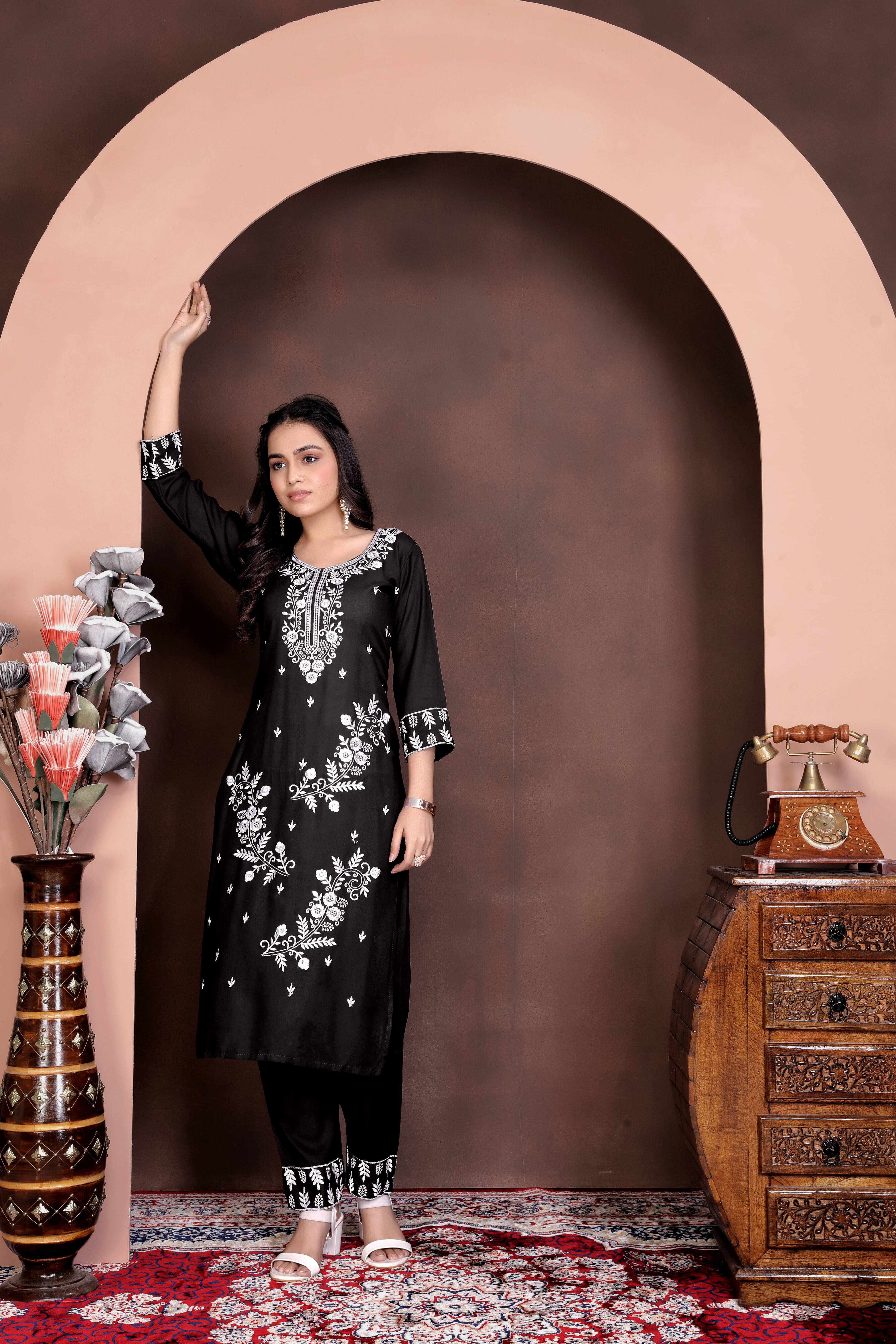 FULPARI Women Viscose Embroidered A-line Kurti With Pants ( Black )     			FULPARI Women Viscose Embroidered A-line Kurti With Pants ( Black )