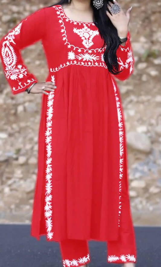     			FULPARI Women Viscose Embroidered A-line Kurti With Pants ( Red )