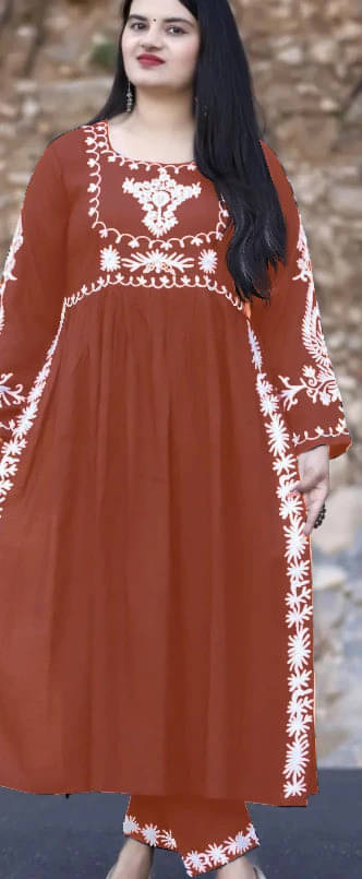     			FULPARI Women Viscose Embroidered A-line Kurti With Pants ( Brown )