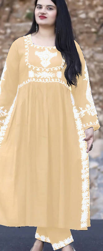 FULPARI Women Viscose Embroidered A-line Kurti With Pants ( Beige ) FULPARI Women Viscose Embroidered A-line Kurti With Pants ( Beige )