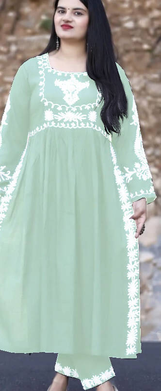    			FULPARI Women Viscose Embroidered A-line Kurti With Pants ( Green )